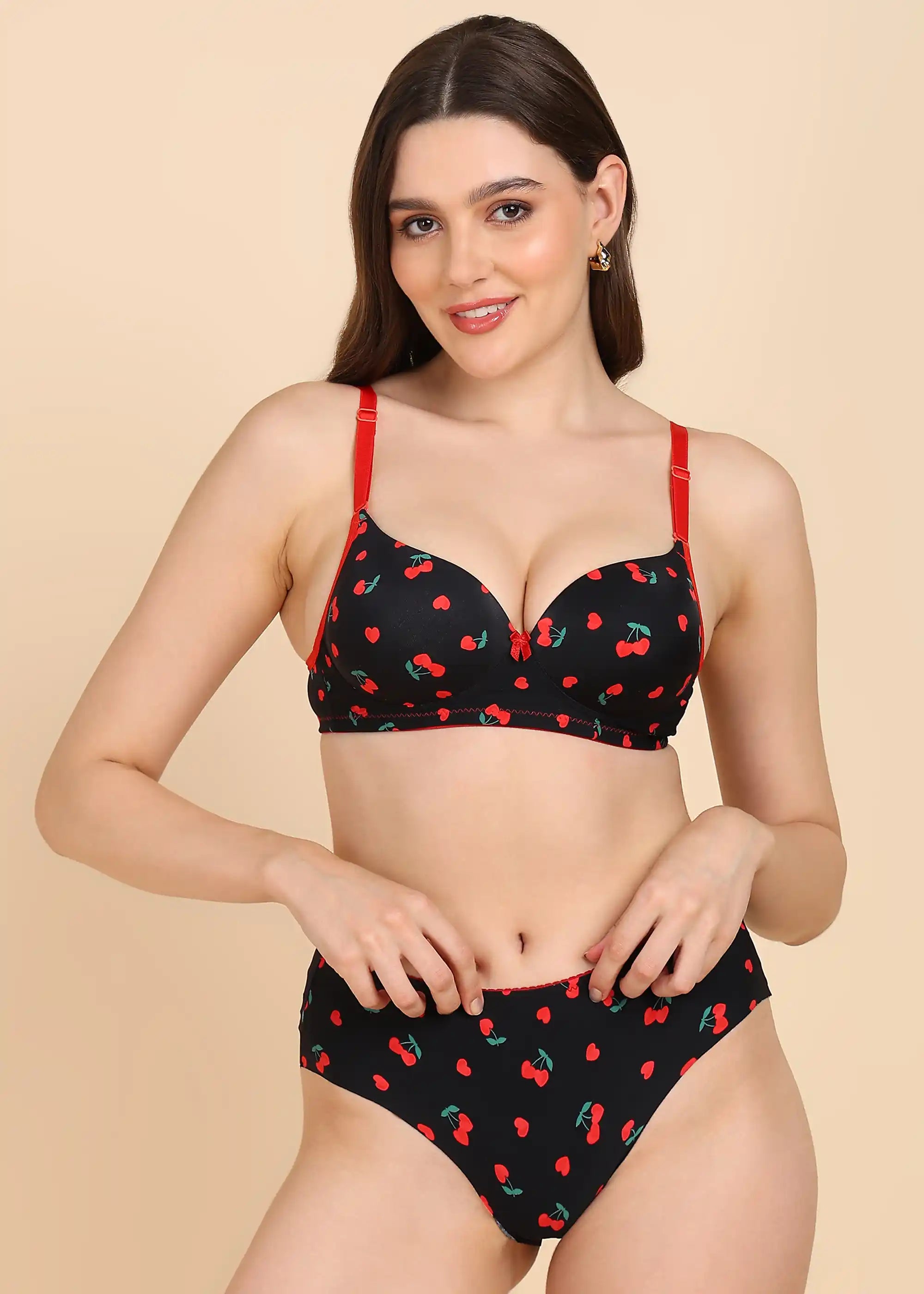 Sushme Heavily Padded Push-Up Bra - Soft Polyamide Fabric - Seamless, Wireless, 3/4th Coverage, Multiway Straps - Printed Bra Panty Set (Sushme Set 15505-PRINTED)
