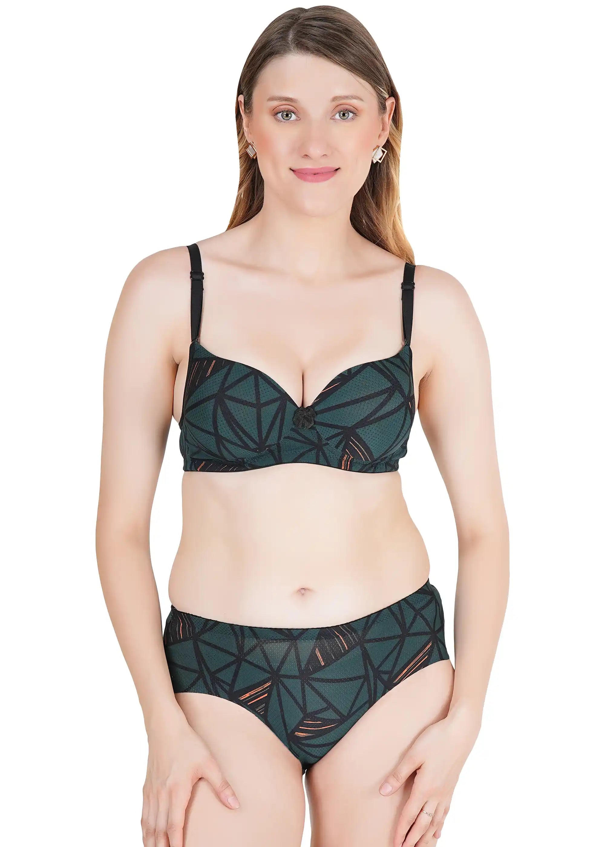 Sushme Heavily Padded Push-Up Bra - Soft Polyamide Fabric - Seamless, Wireless, 3/4th Coverage, Multiway Straps - Printed Bra Panty Set (Sushme Set 15503-PRINTED)