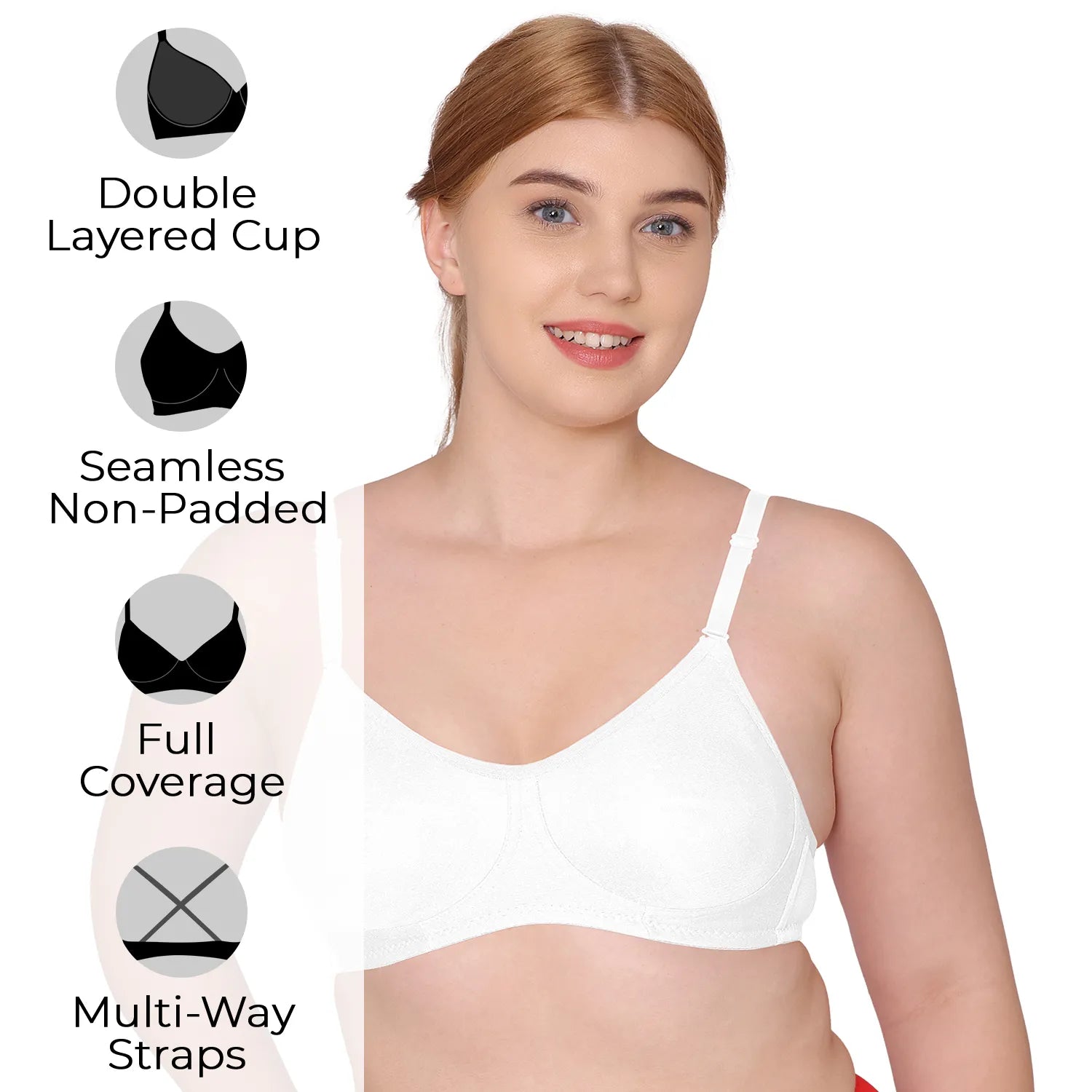 Sushme Non Padded Everyday Bra - Cotton Rich - Full Coverage, Wireless, Seamless, Multiway Straps - T-Shirt Bra (Sushme 83-WH)