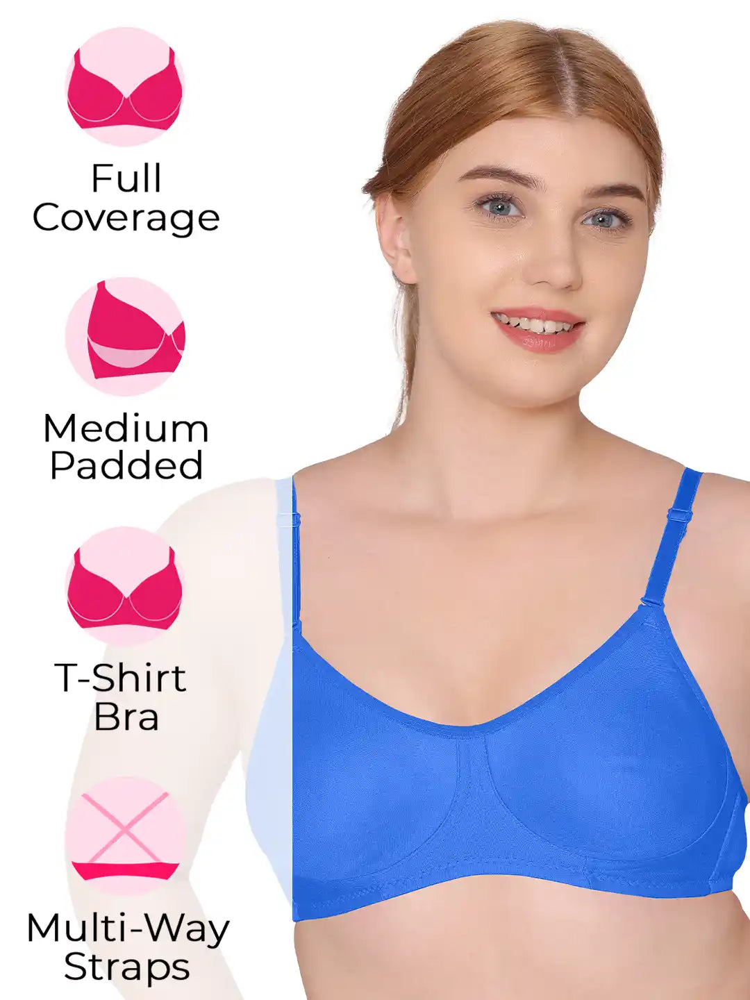 Sushme Non Padded Uniform Bra - Cotton Rich Fabric - Full Coverage, Multiway Straps, Wirefree, Seamless T-Shirt Bra (Sushme-253-RBLU)