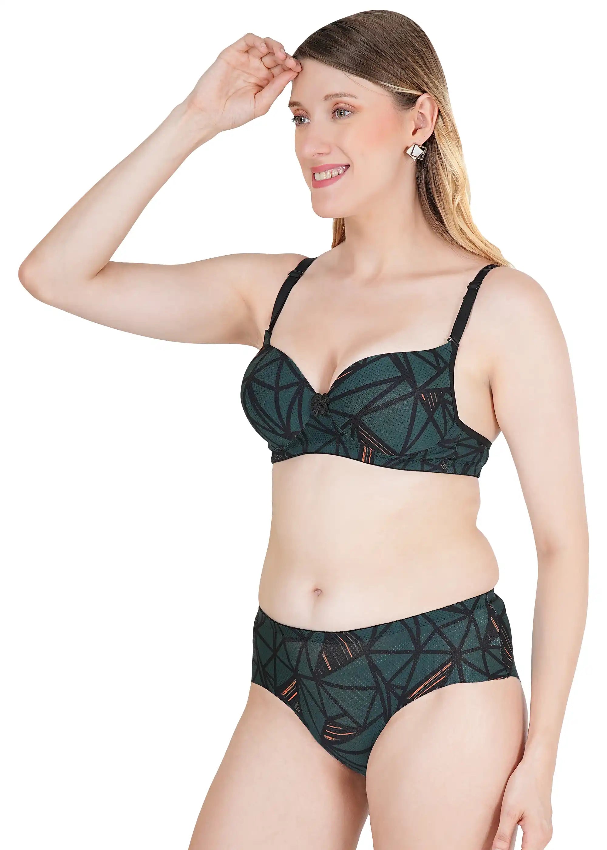 Sushme Heavily Padded Push-Up Bra - Soft Polyamide Fabric - Seamless, Wireless, 3/4th Coverage, Multiway Straps - Printed Bra Panty Set (Sushme Set 15503-PRINTED)