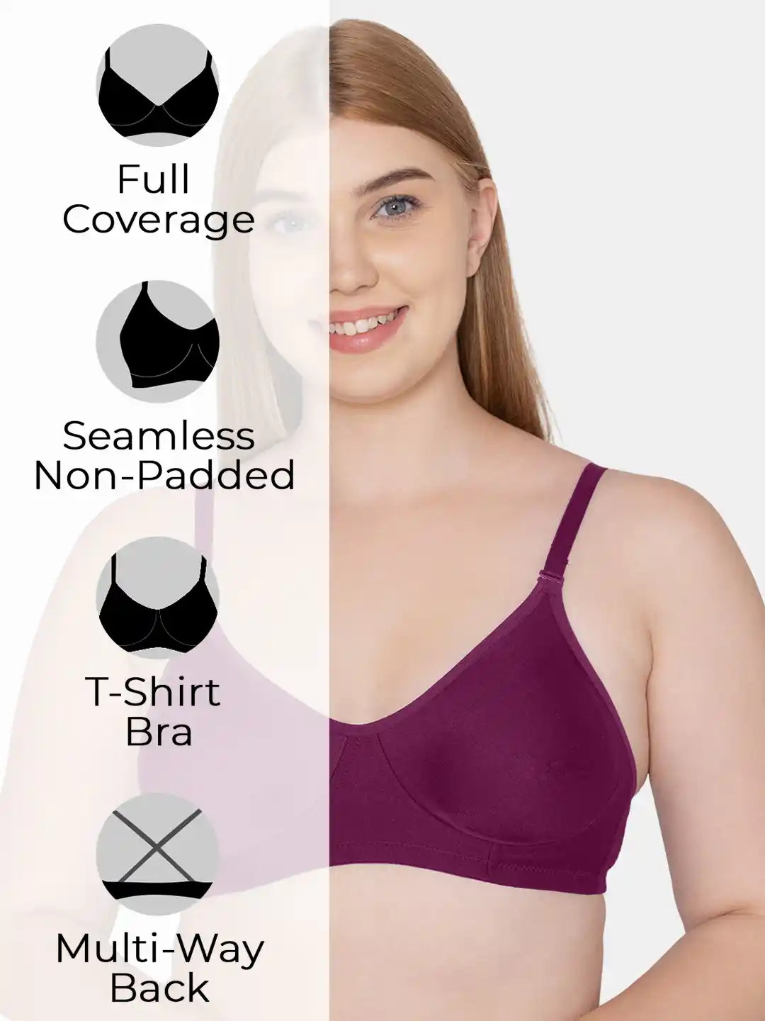 Sushme Non Padded Uniform Bra - Cotton Rich Fabric - Full Coverage, Multiway Straps, Wirefree, Seamless T-Shirt Bra (Sushme-253-MG)