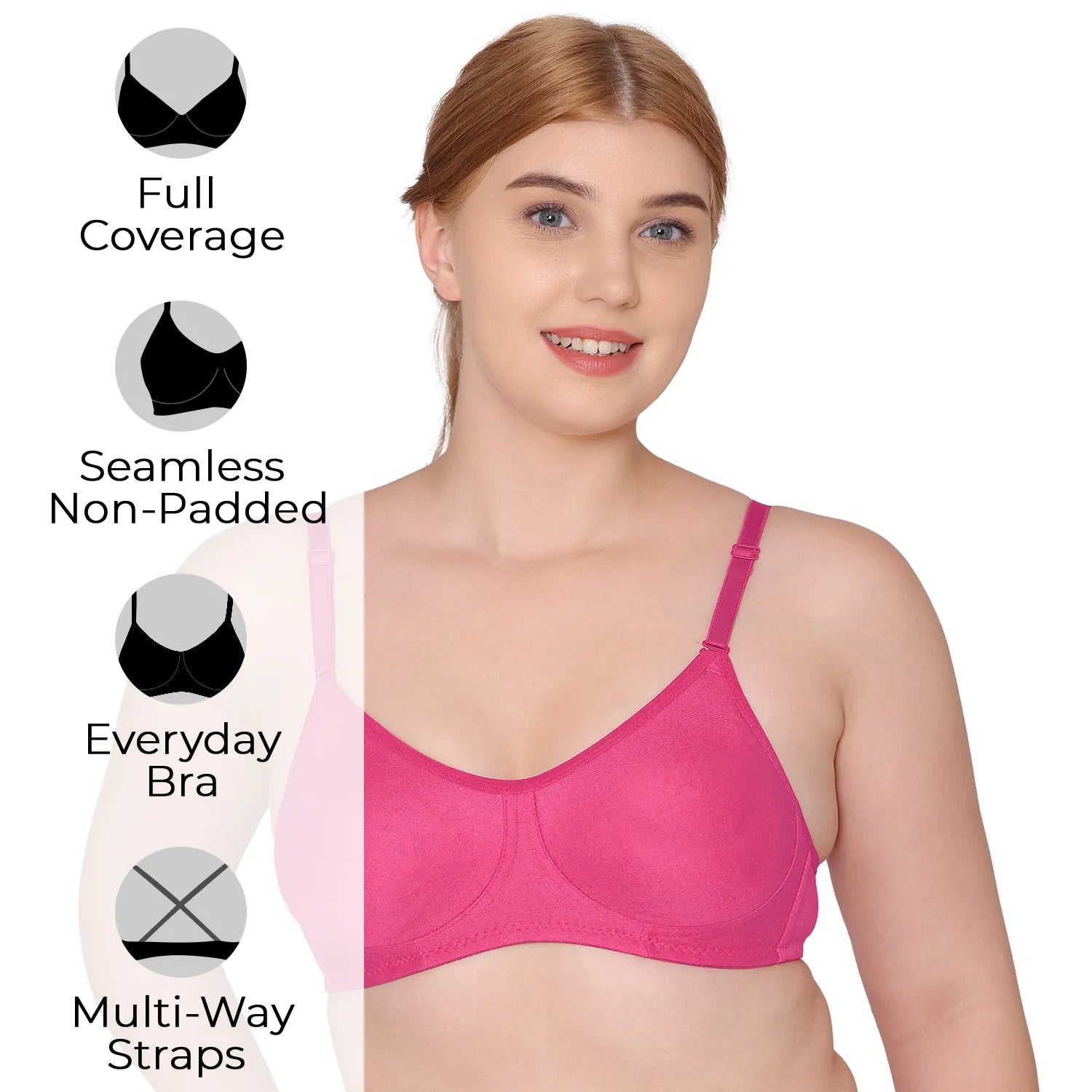 Sushme Non Padded Everyday Bra - Cotton Rich - Full Coverage, Wireless, Seamless, Multiway Straps - T-Shirt Bra (Sushme 83-DPK)