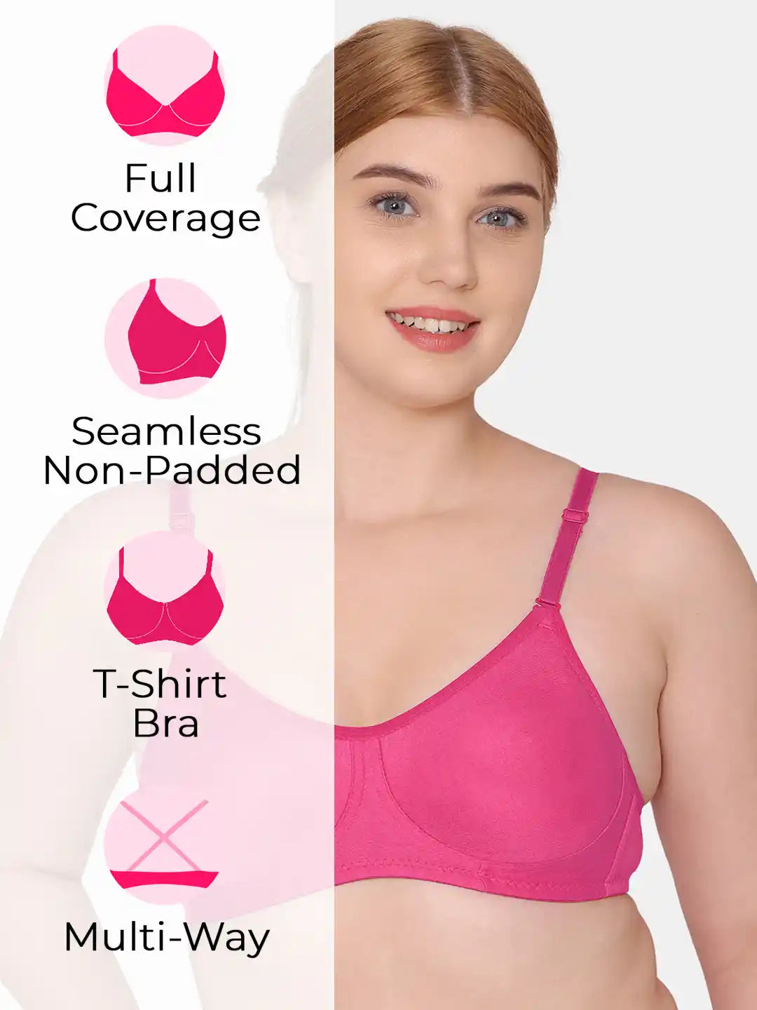 Sushme Non Padded Single Hook Bra - Cotton Rich Fabric - Full Coverage, Multiway Straps, Wirefree, Seamless T-Shirt Bra (Sushme-285-DPK)