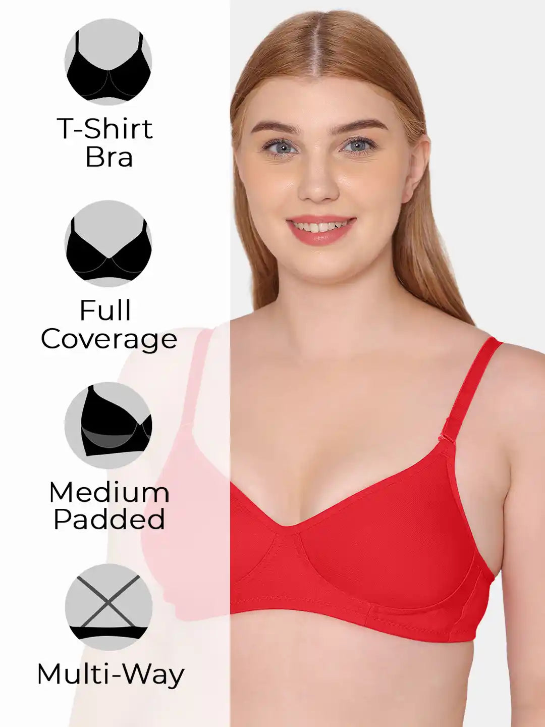 Sushme Beginners Sports Bra - Non Padded - Racer Back - Broad Strap - Full Coverage - Wirefree, Seamless T-Shirt Bra (Sushme 1301-RD)