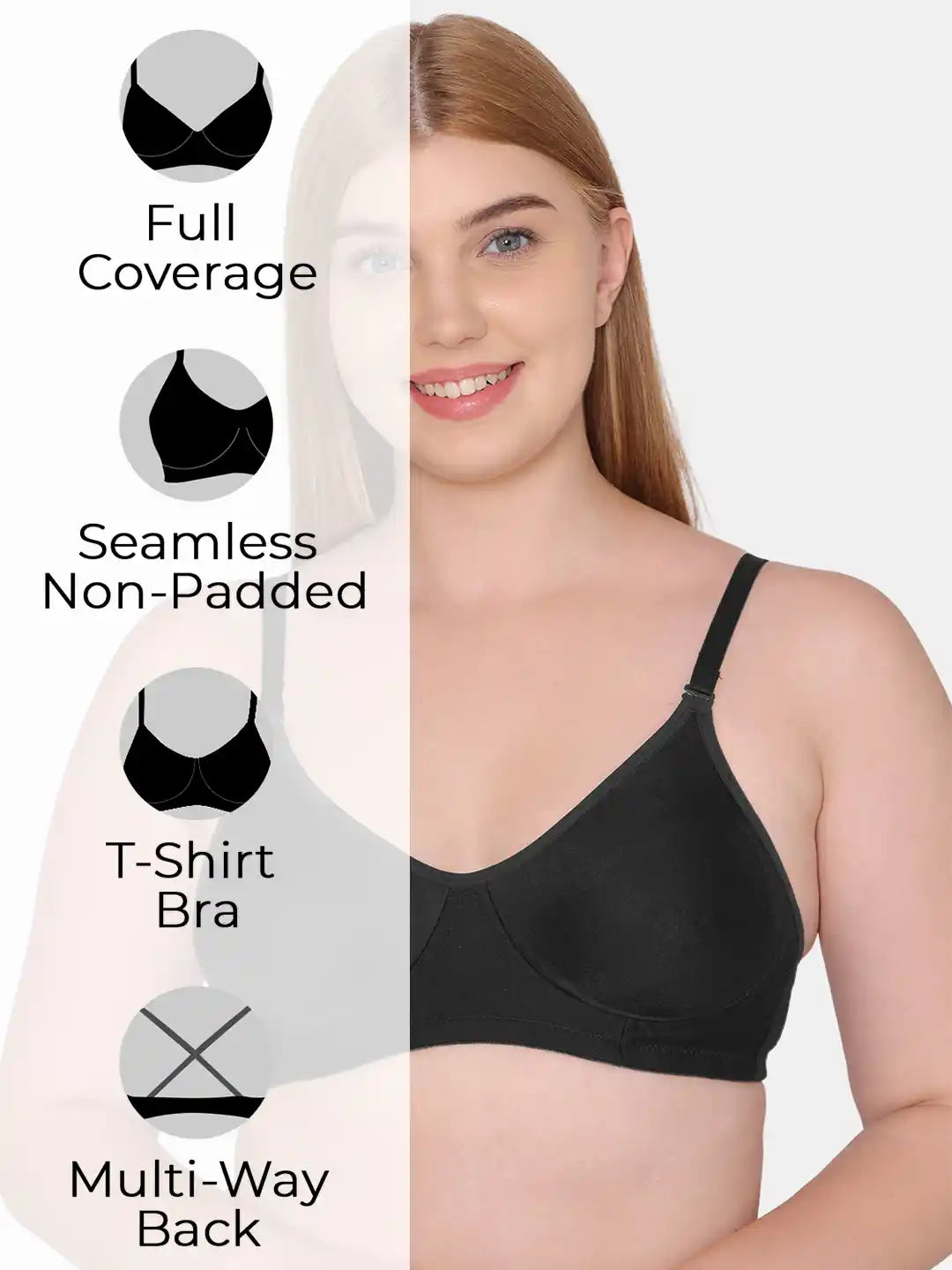 Sushme Non Padded Uniform Bra - Cotton Rich Fabric - Full Coverage, Multiway Straps, Wirefree, Seamless T-Shirt Bra (Sushme-253-BLK)