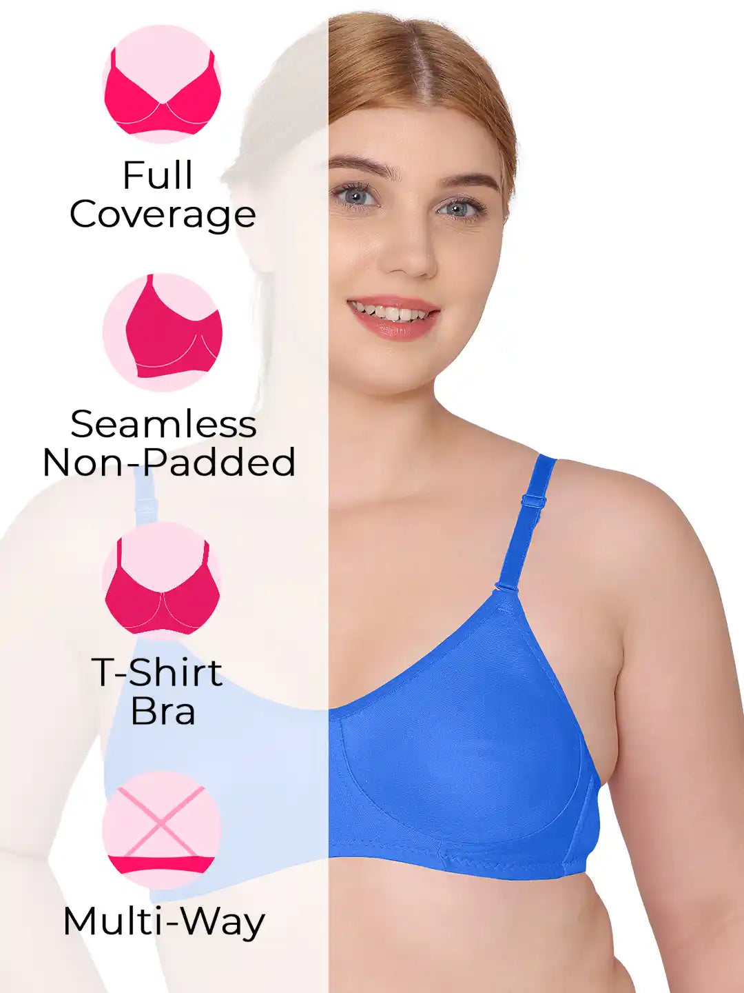 Sushme Non Padded Single Hook Bra - Cotton Rich Fabric - Full Coverage, Multiway Straps, Wirefree, Seamless T-Shirt Bra (Sushme-285-RBLU)