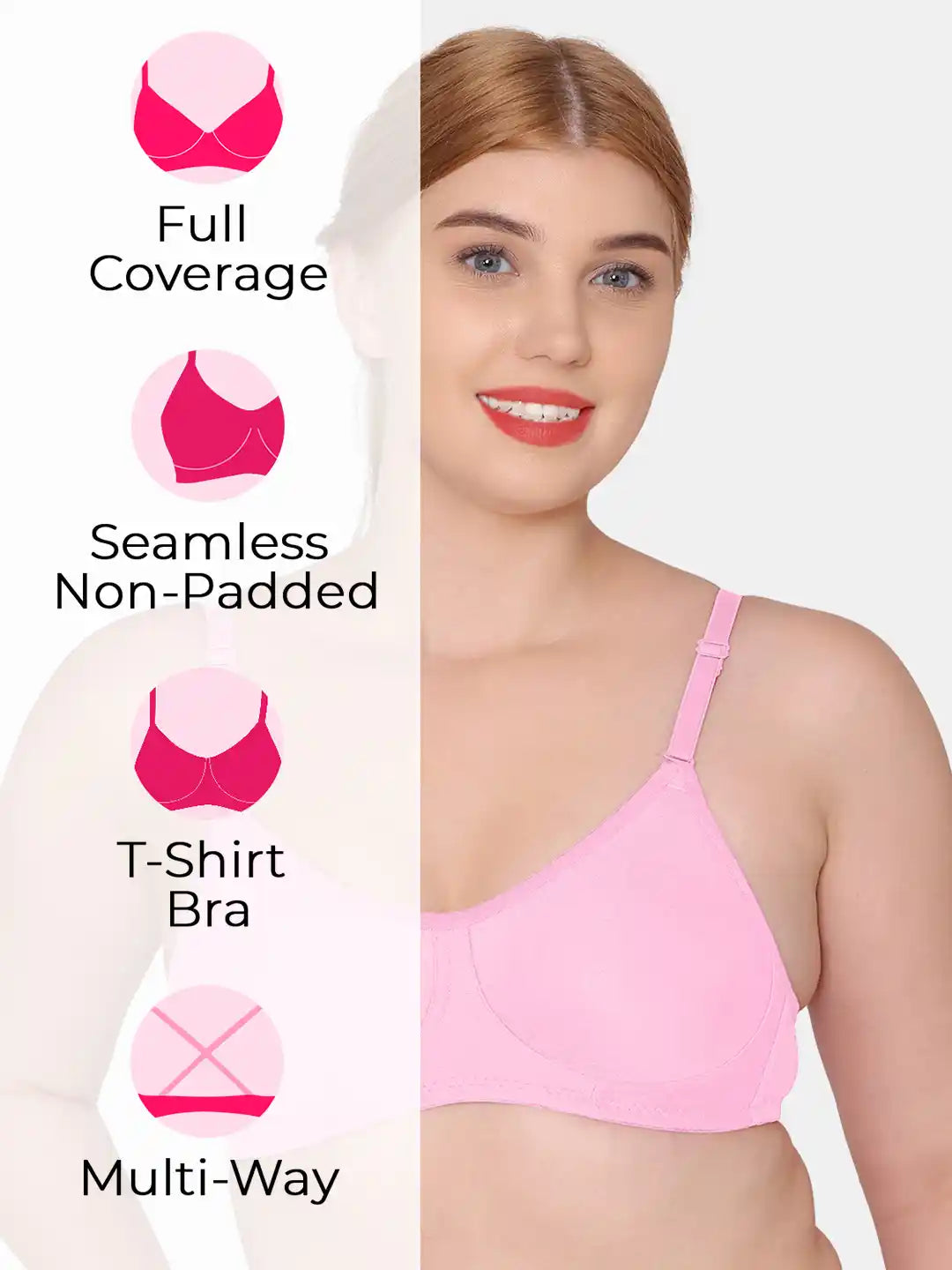 Sushme Non Padded Single Hook Bra - Cotton Rich Fabric - Full Coverage, Multiway Straps, Wirefree, Seamless T-Shirt Bra (Sushme-285-PK)