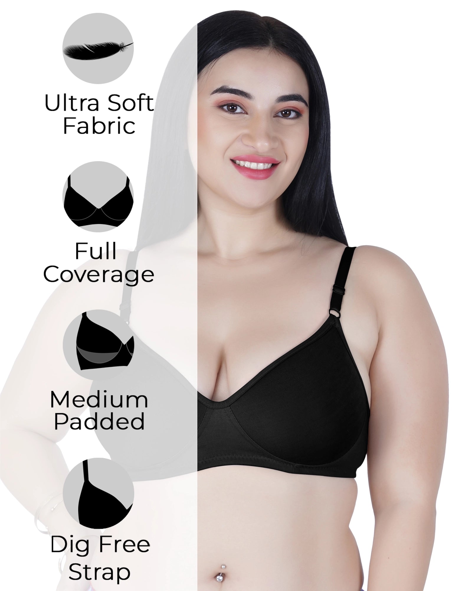 Sushme Lite Women's Medium Padded T-Shirt Bra | Full Coverage | Seamless Cotton Fabric | Wire-Free Comfort | Adjustable Straps | Everyday Casual Wear (Sushme-N 01)