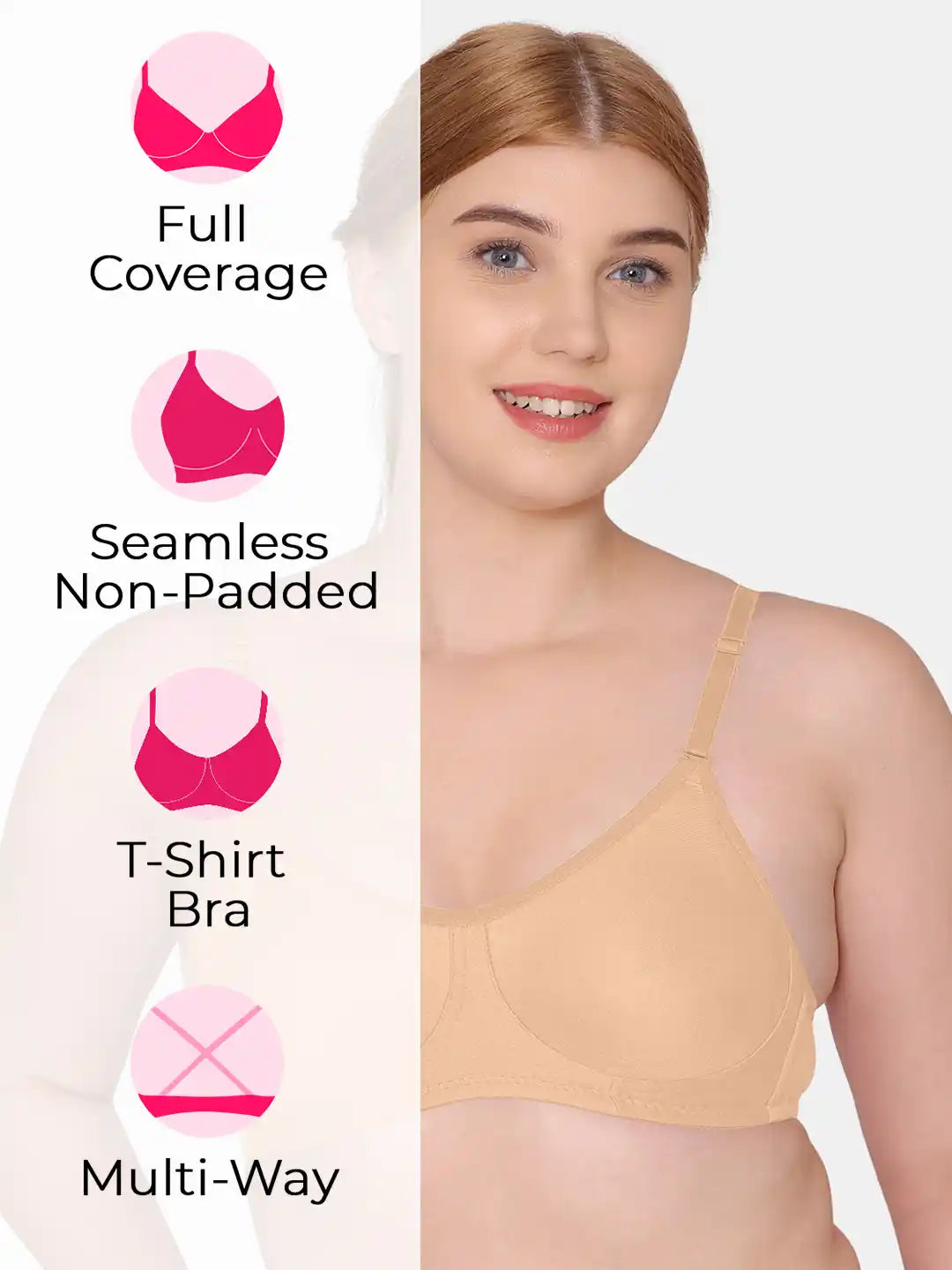 Sushme Non Padded Single Hook Bra - Cotton Rich Fabric - Full Coverage, Multiway Straps, Wirefree, Seamless T-Shirt Bra (Sushme-285-SK)