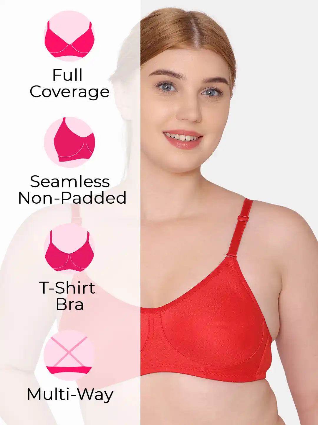 Sushme Non Padded Single Hook Bra - Cotton Rich Fabric - Full Coverage, Multiway Straps, Wirefree, Seamless T-Shirt Bra (Sushme-285-RD)