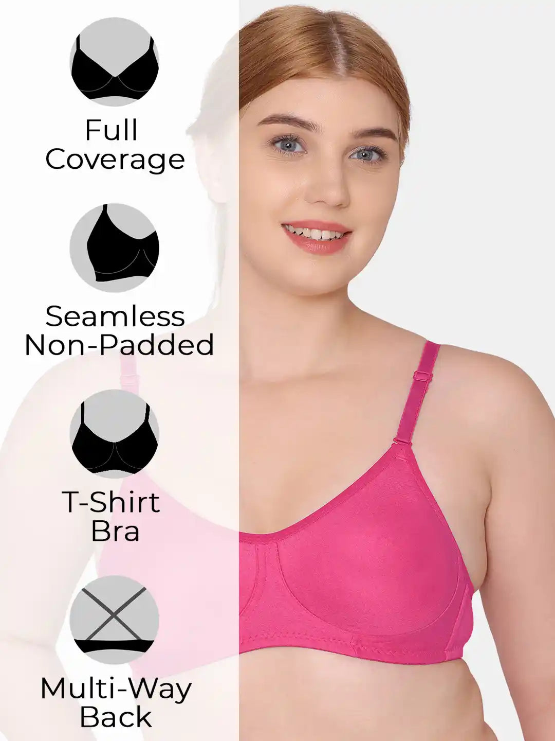 Sushme Non Padded Uniform Bra - Cotton Rich Fabric - Full Coverage, Multiway Straps, Wirefree, Seamless T-Shirt Bra (Sushme-253-DPK)