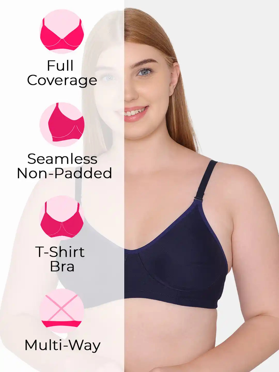 Sushme Non Padded Single Hook Bra - Cotton Rich Fabric - Full Coverage, Multiway Straps, Wirefree, Seamless T-Shirt Bra (Sushme-285-NBLU)