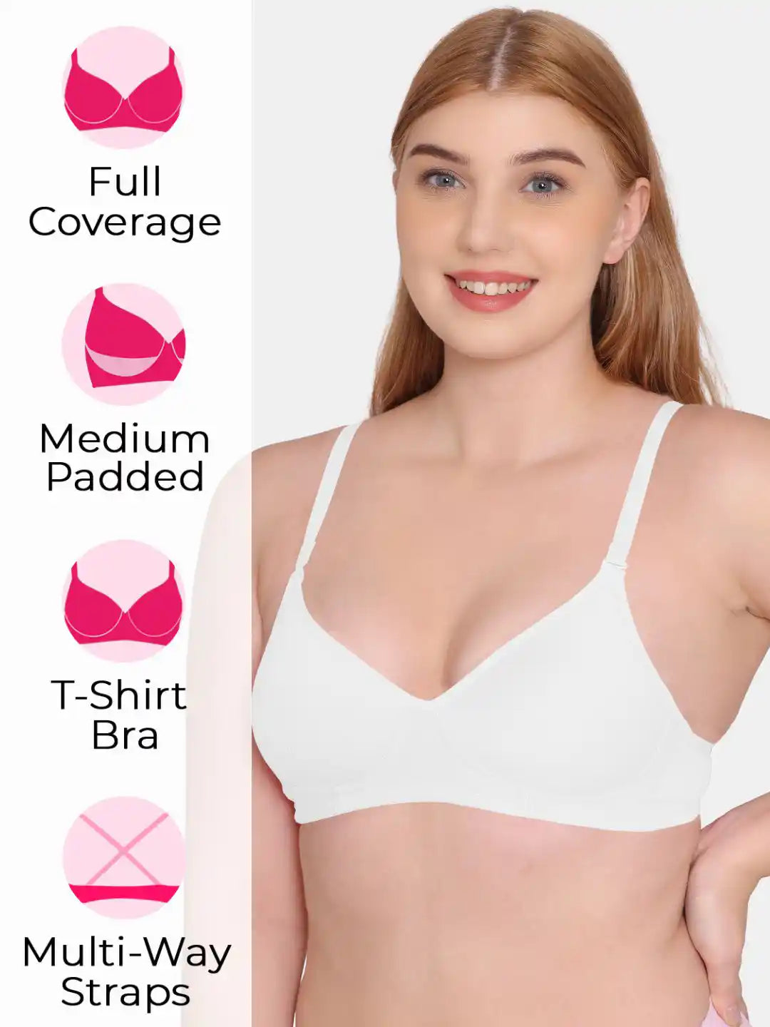 Sushme Beginners Sports Bra - Non Padded - Racer Back - Broad Strap - Full Coverage - Wirefree, Seamless T-Shirt Bra (Sushme 1301-WH)