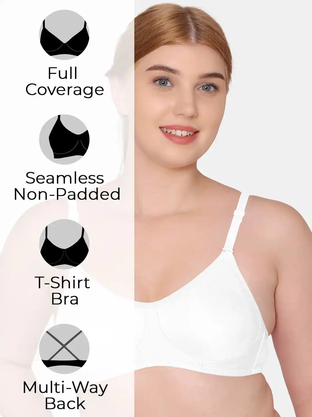 Sushme Non Padded Uniform Bra - Cotton Rich Fabric - Full Coverage, Multiway Straps, Wirefree, Seamless T-Shirt Bra (Sushme-253-WH)