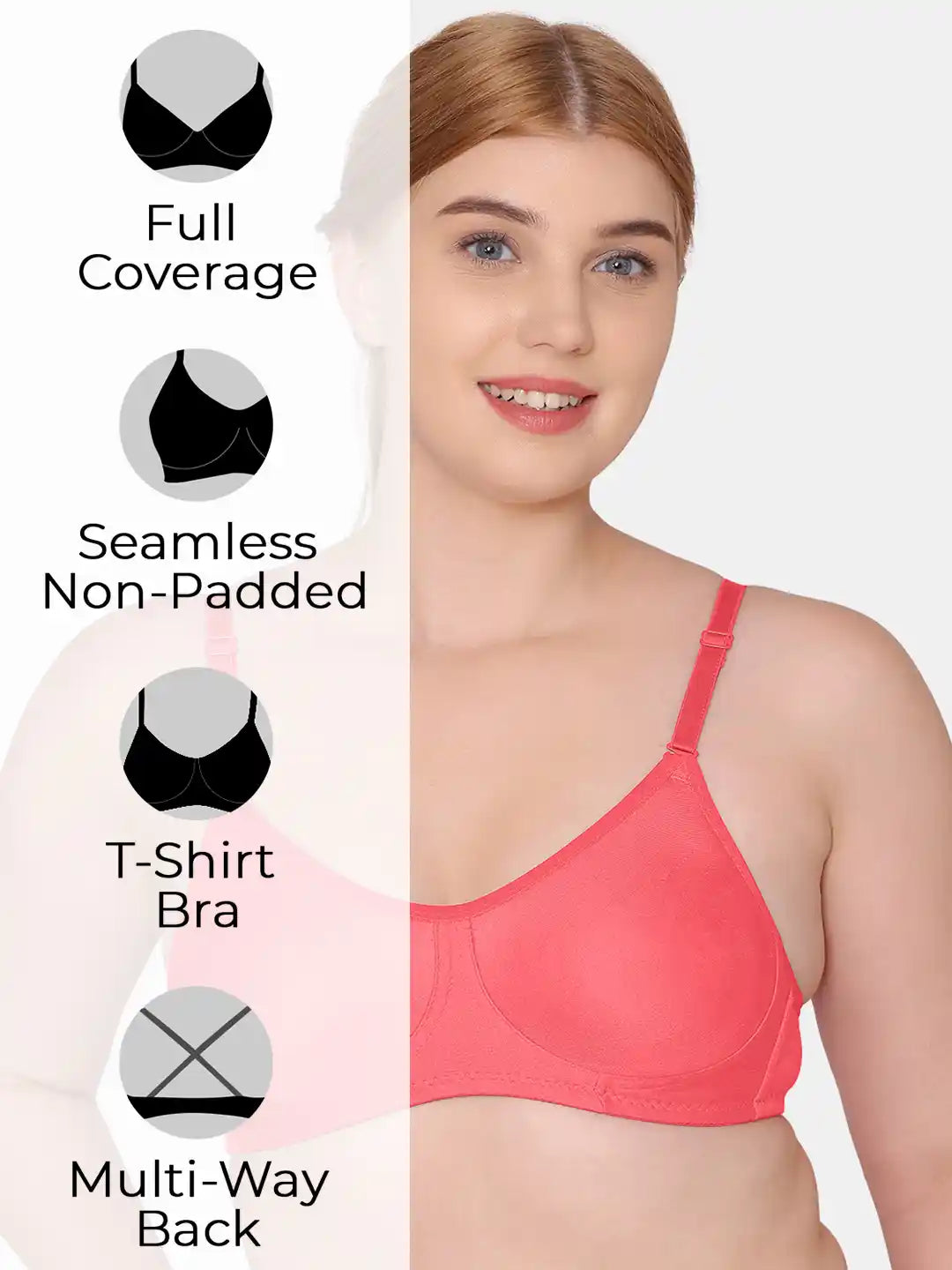 Sushme Non Padded Uniform Bra - Cotton Rich Fabric - Full Coverage, Multiway Straps, Wirefree, Seamless T-Shirt Bra (Sushme-253-CRL)