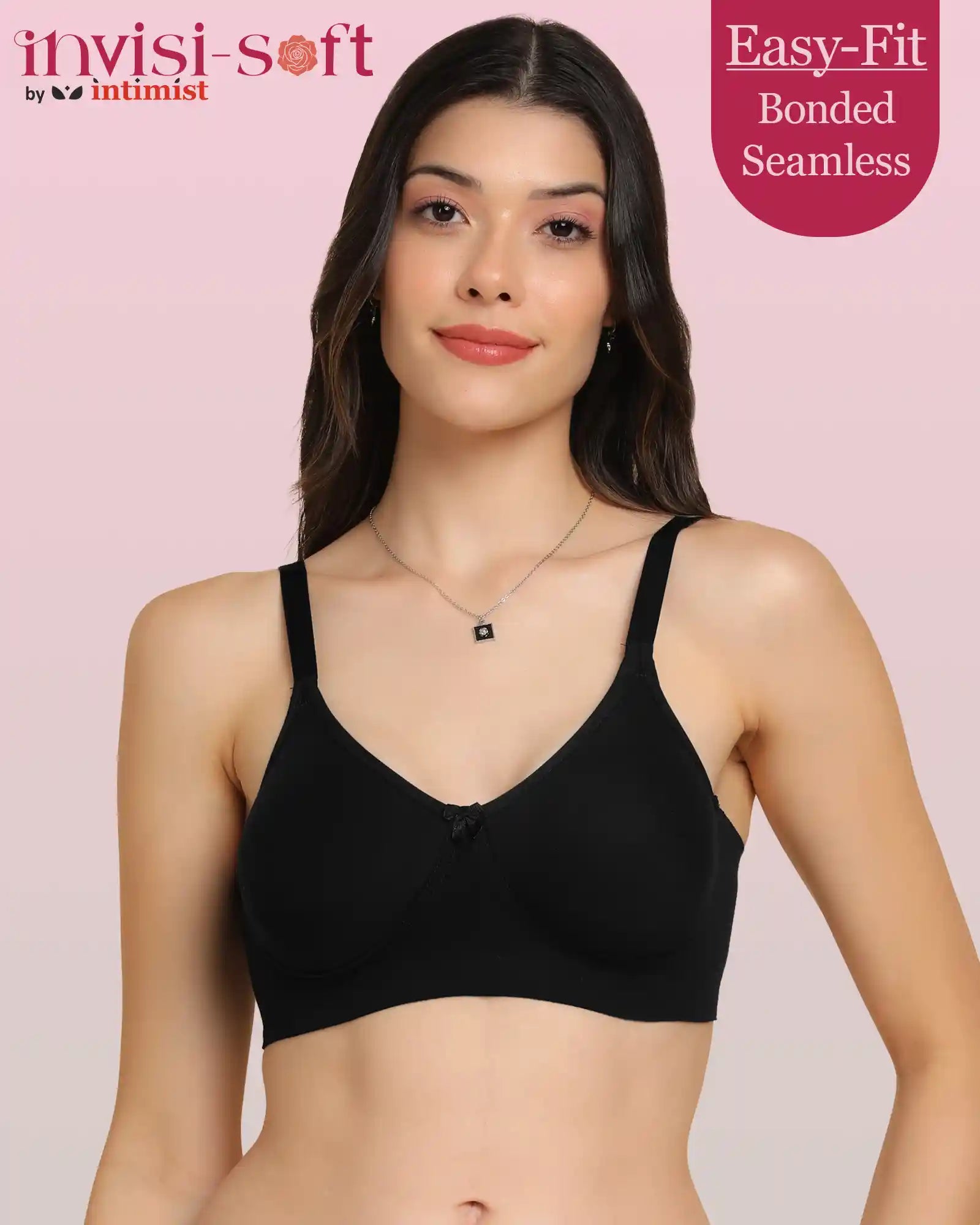 Sushme Invisi-Soft Easy-Fit Seamless Bonded Lightly Padded Bra | Full Coverage | Elastic-Free Comfort | Wire-Free | Elastic-Free Side Wings | B. C. D Cup Sizes(Sushme IS 1013-BLK)