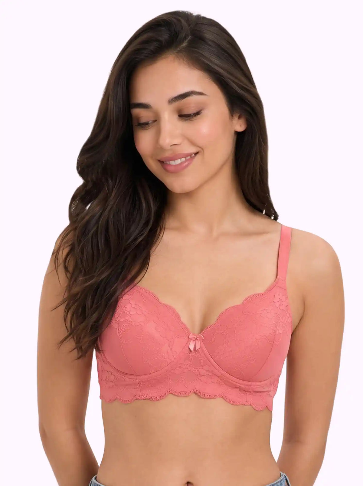Cotton Padded Bonded Lace Bra | Inner Cotton Lining | Full Coverage | Wire-free Comfort (SUS-SB-5803) (Coral)