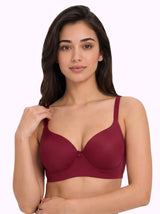Polyamide Level-1 Padded Full Coverage Bonded T-Shirt Bra | Wire-free Comfort, No-Marks, No Rashes (SUS-5991) (Maroon)
