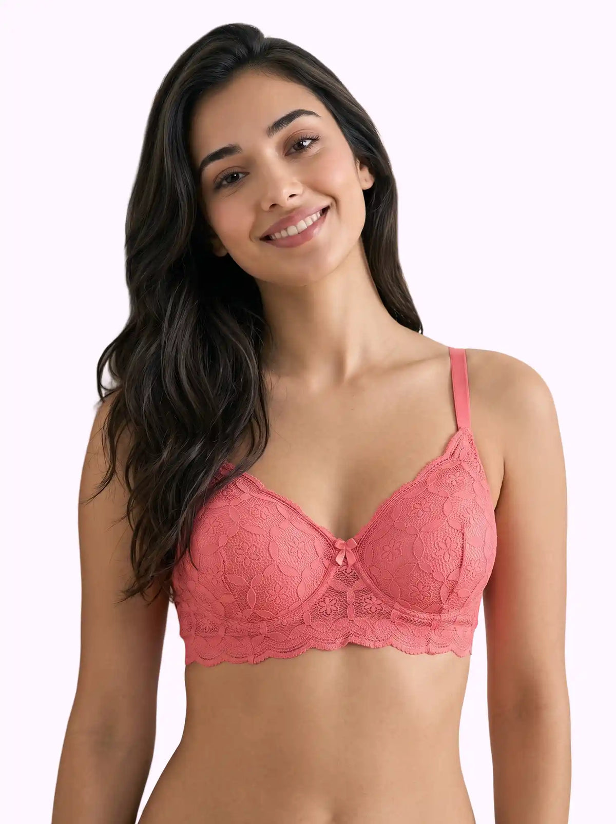 Cotton Padded Bonded Lace Bra | Inner Cotton Lining | Full Coverage | Wire-free Comfort (SUS-SB-5804) (Coral)
