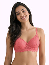 Cotton Padded Bonded Lace Bra | Inner Cotton Lining | Full Coverage | Wire-free Comfort (SUS-SB-5804) (Coral)