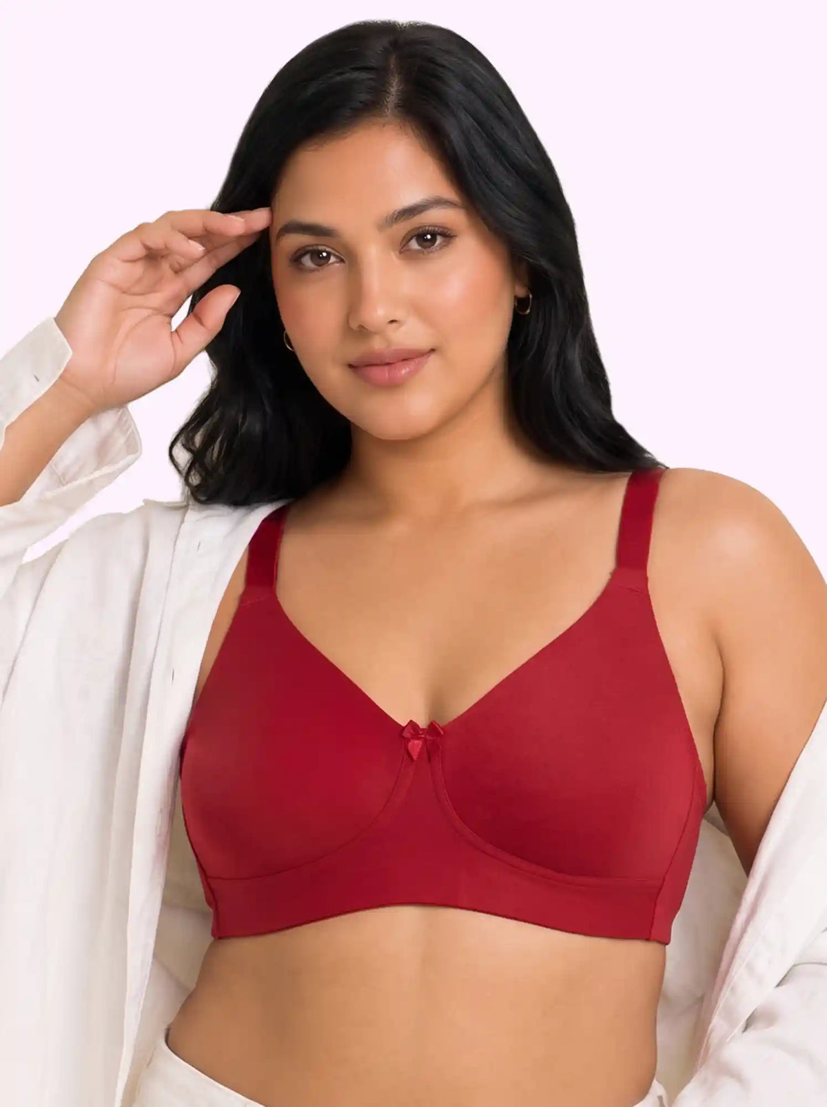 Cotton Non-Padded Plus-Size Full Coverage Bonded Bra | Broad Straps | Hidden Concealer (SUS-401) (Red)