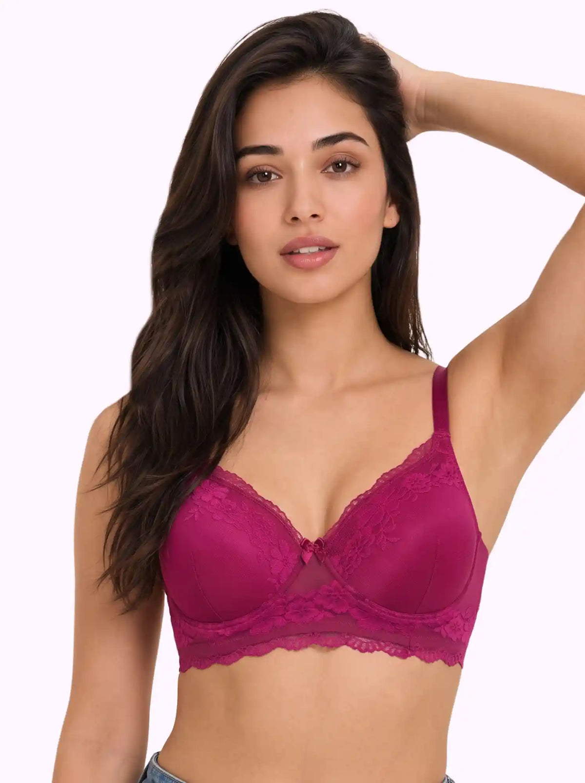 Cotton Padded Bonded Lace Bra | Inner Cotton Lining | Full Coverage | Wire-free Comfort (SUS-SB-5802) (Wine)