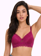 Cotton Padded Bonded Lace Bra | Inner Cotton Lining | Full Coverage | Wire-free Comfort (SUS-SB-5802) (Wine)