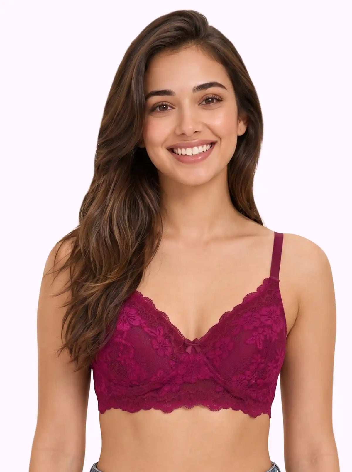 Cotton Padded Bonded Lace Bra | Inner Cotton Lining | Full Coverage | Wire-free Comfort (SUS-SB-5805) (Wine)