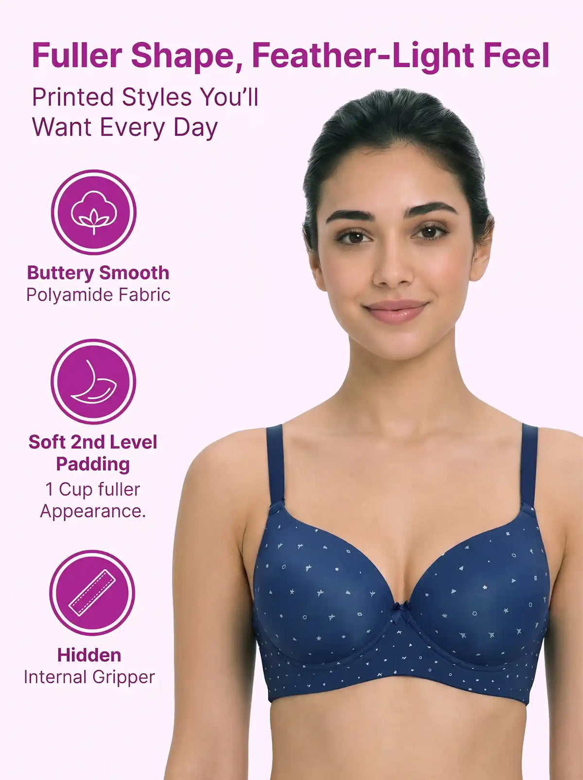 Printed Polyamide Level-2 Padded Push-Up Maximiser Bonded Bra | 3/4th Coverage | Wire-free Comfort, No Marks, No Poking (SUS-51755)