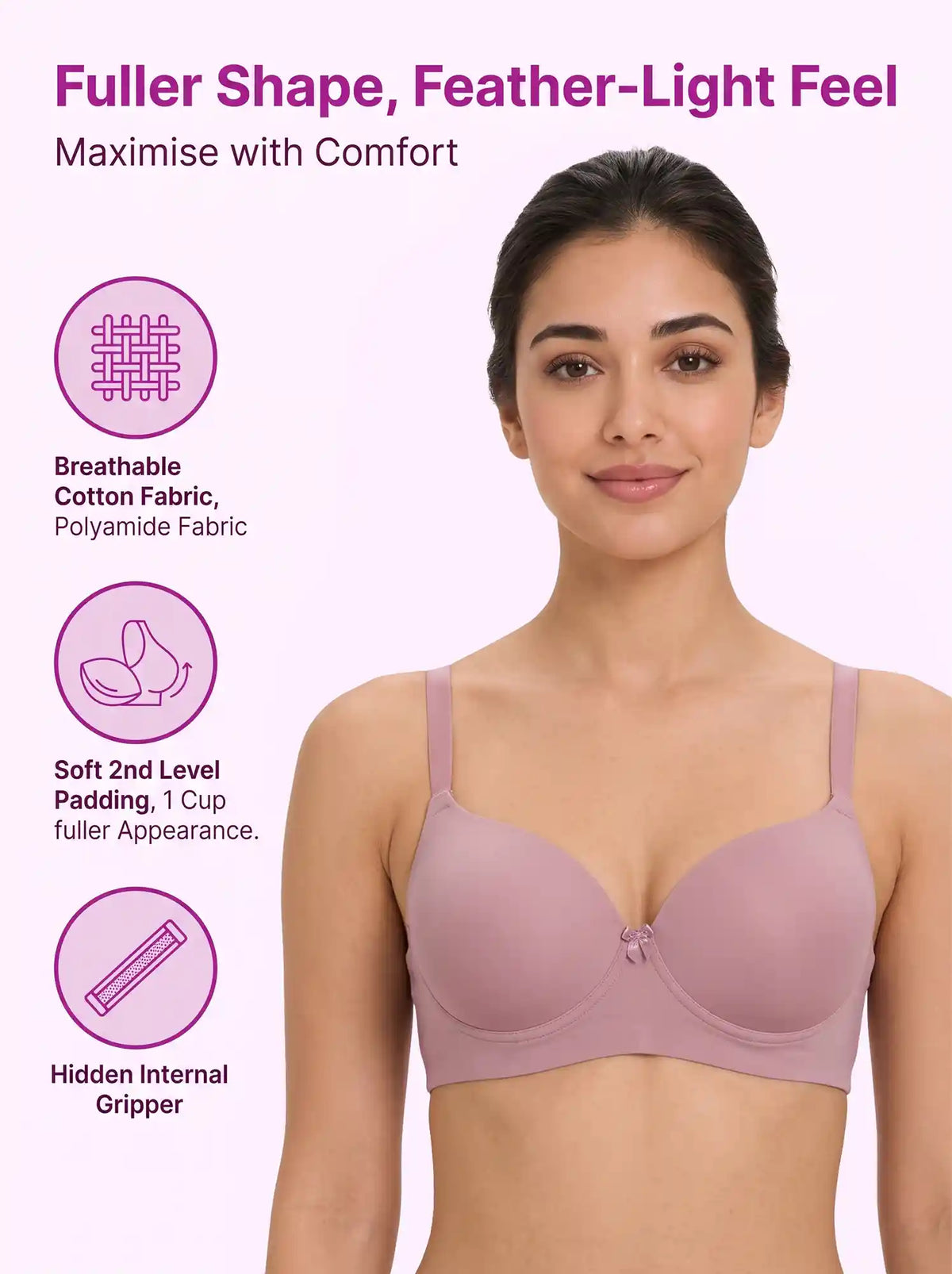 Polyamide Level-2 Padded Push-Up Maximiser Bonded Bra | 3/4th Coverage | Wire-free Comfort, No Marks, No Rashes SUS-IS-5107 (Plum)