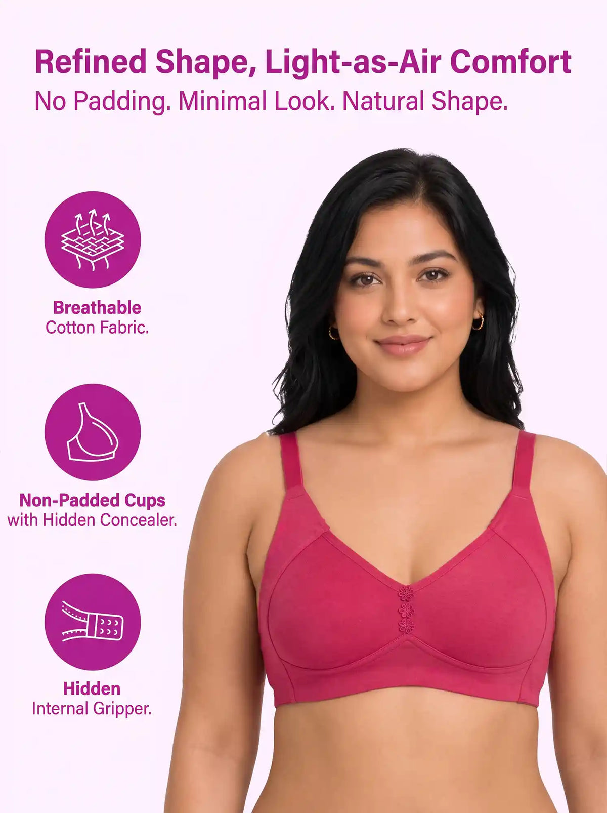 Cotton Non-Padded Plus-Size M-Frame Minimiser Bonded Bra (SUS-405)(Dark Pink)