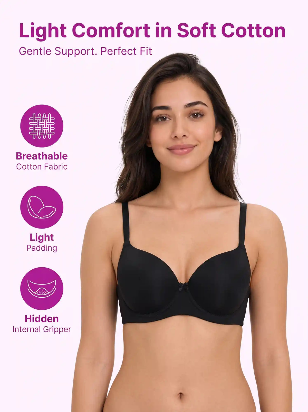 Cotton Padded Full Coverage Bonded T-Shirt Bra | No-Marks, No Rashes (SUS-1013)(Black)