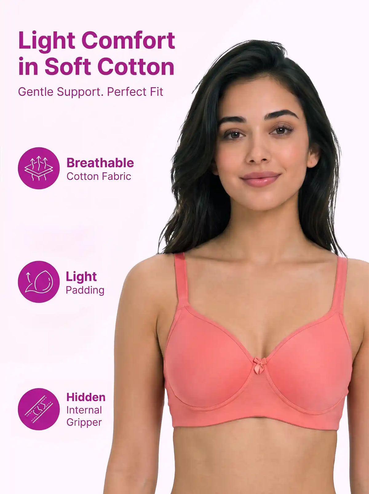Cotton Padded Full Coverage Bonded T-Shirt Bra | No-Marks, No Rashes (SUS-1013)(Coral)