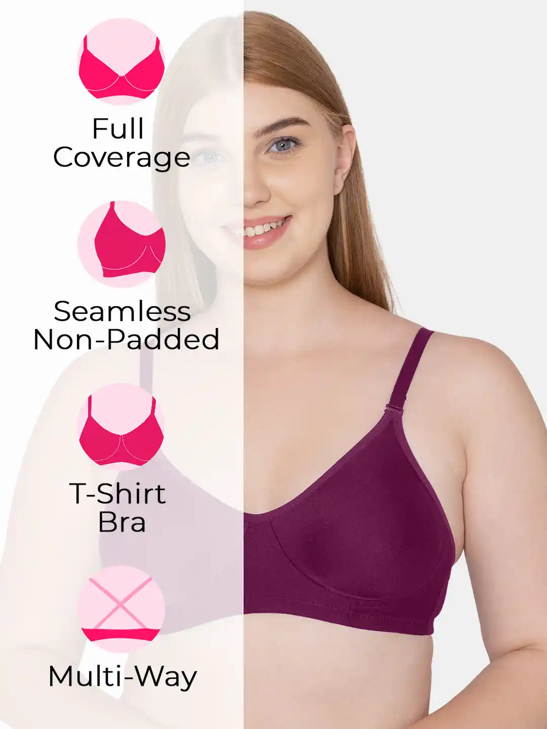 Sushme Non Padded Single Hook Bra - Cotton Rich Fabric - Full Coverage, Multiway Straps, Wirefree, Seamless T-Shirt Bra (Sushme-285-MG)