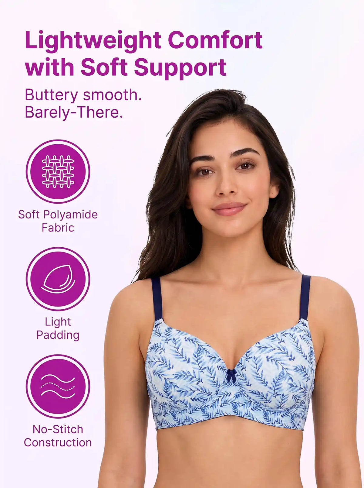 Printed Polyamide Padded Bonded T-Shirt Bra | Full Coverage | Wire-free | Seamless Design (SUS-59927)