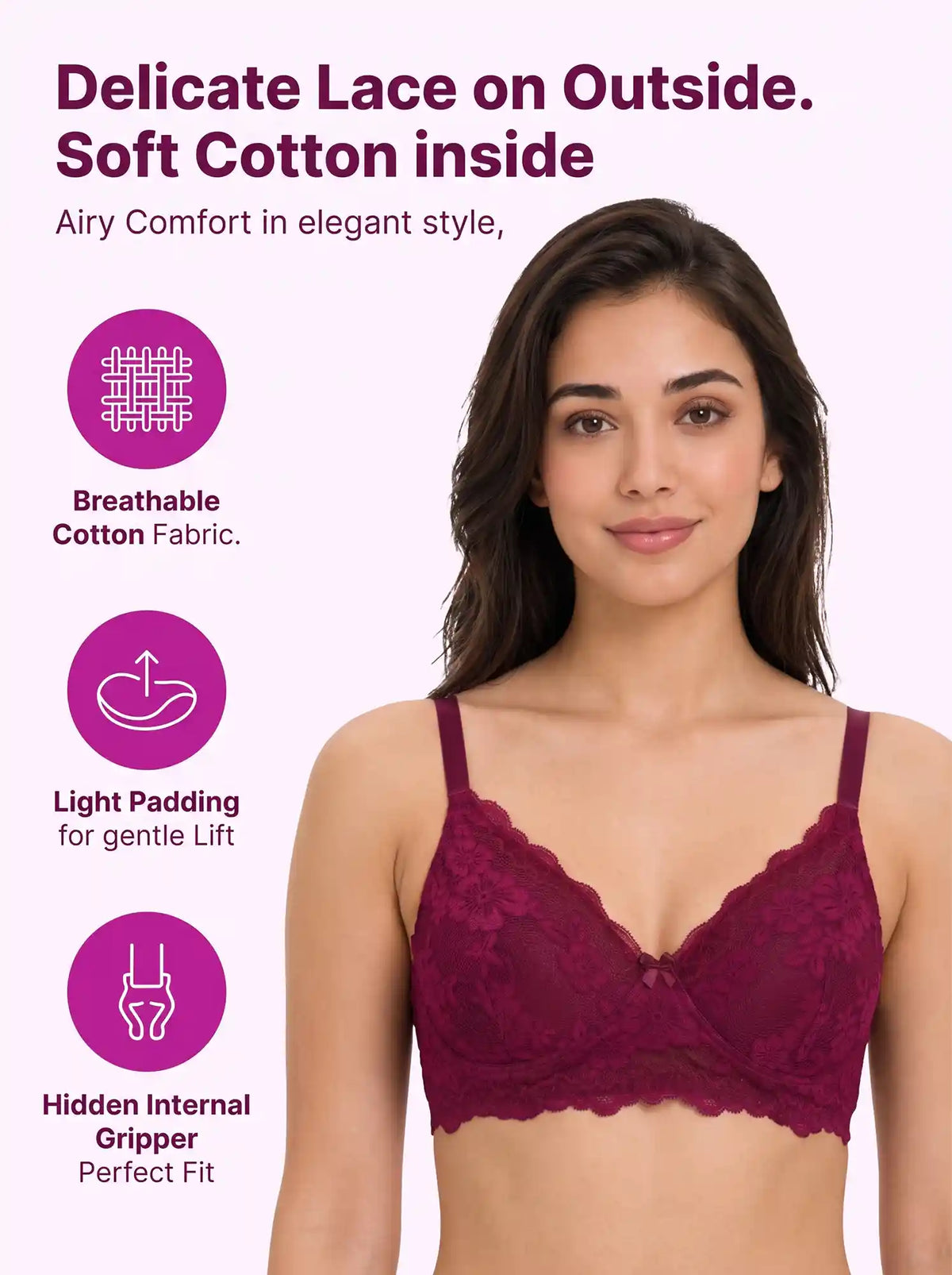Cotton Padded Bonded Lace Bra | Inner Cotton Lining | Full Coverage | Wire-free Comfort (SUS-SB-5805) (Wine)