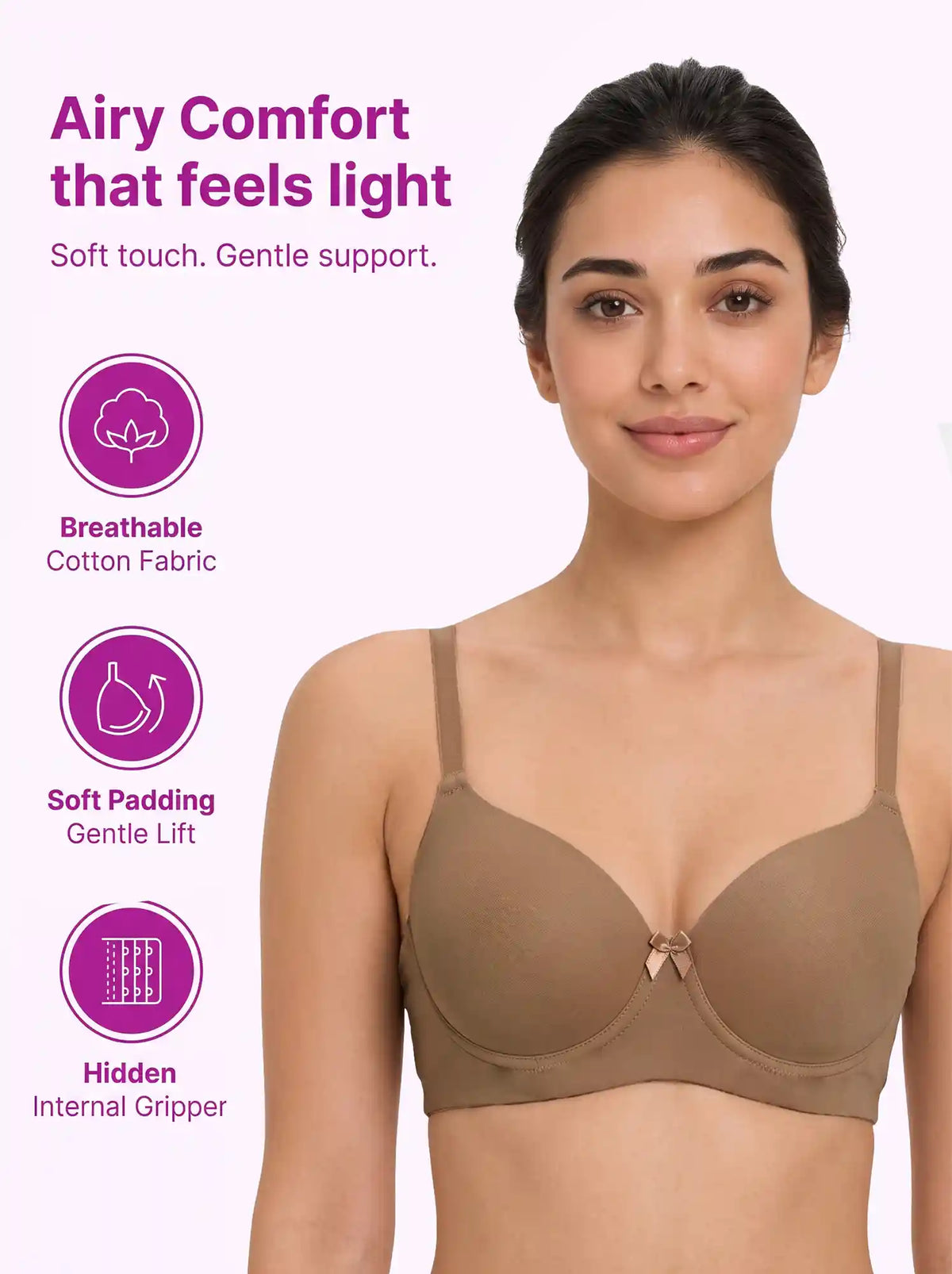 Cotton Padded T-Shirt Bonded Bra | Seamless Look, 360° Support | Full Coverage (SUS-SB-9081-9082) (Fawn)