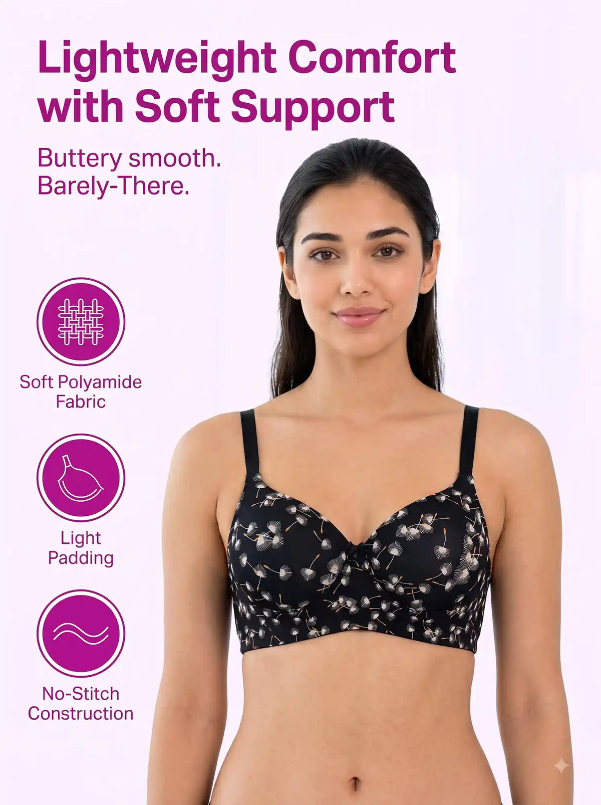 Printed Polyamide Padded Bonded T-Shirt Bra | Full Coverage | Wire-free | Seamless Design (SUS-59936)