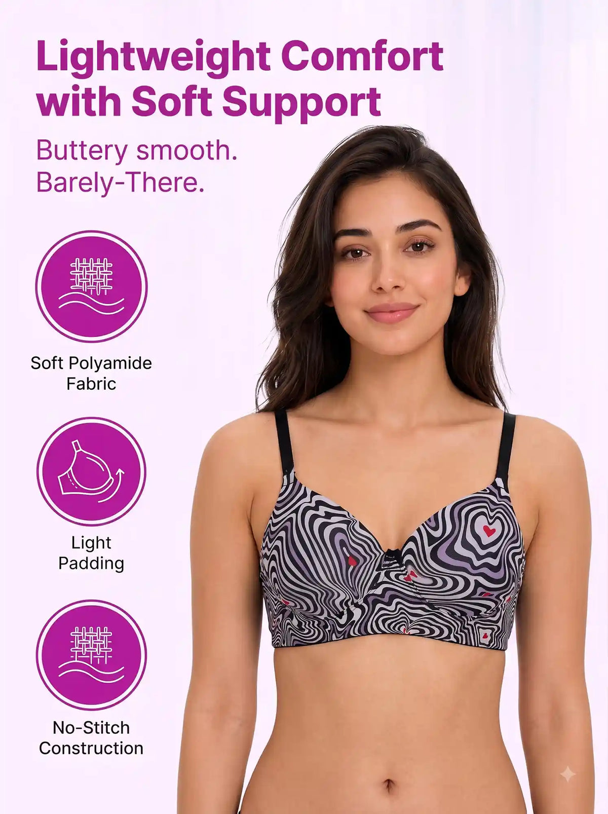 Printed Polyamide Padded Bonded T-Shirt Bra | Full Coverage | Wire-free | Seamless Design (SUS-59932)