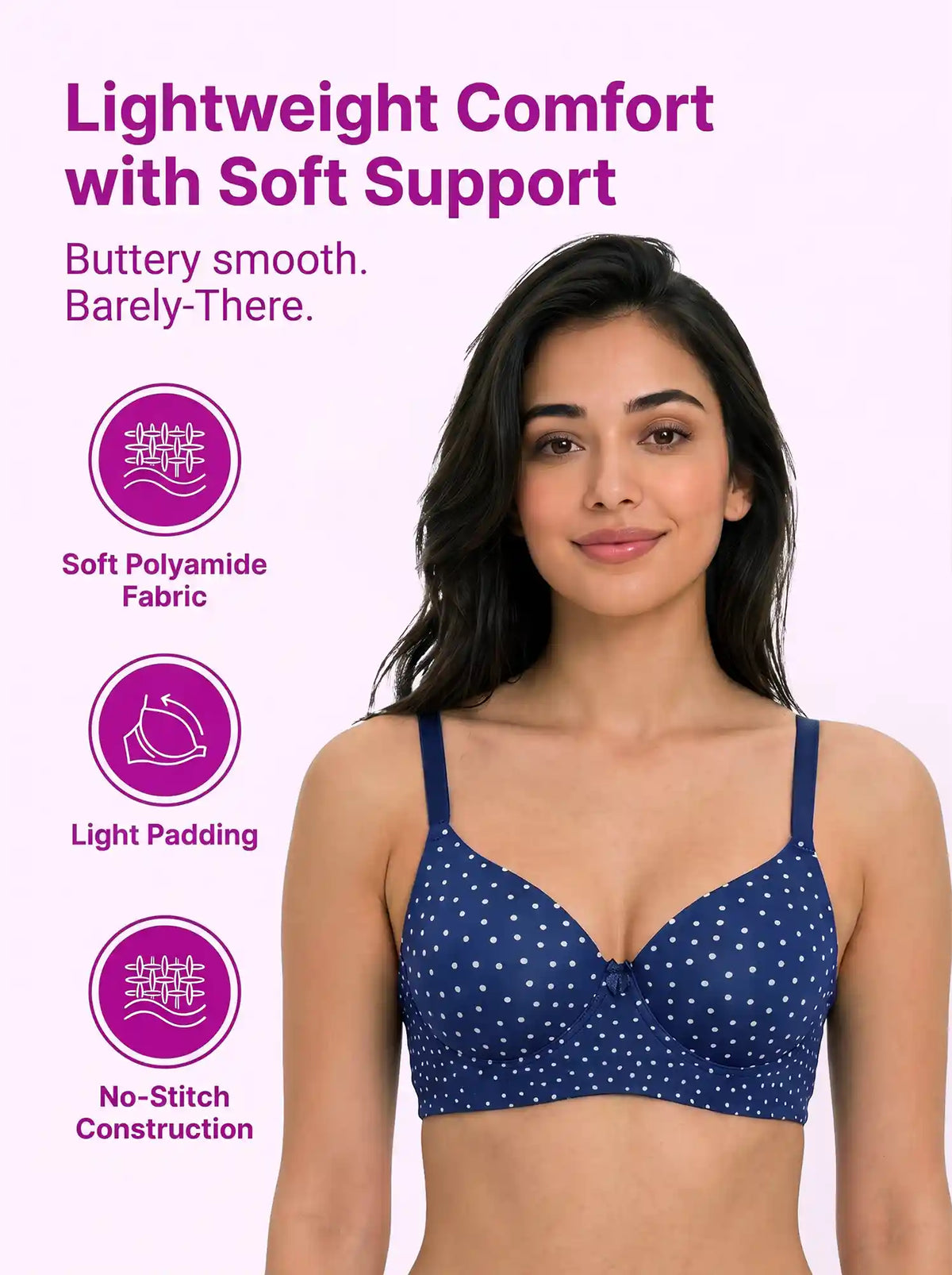 Printed Polyamide Padded Bonded T-Shirt Bra | Full Coverage | Wire-free | Seamless Design (SUS-59926)