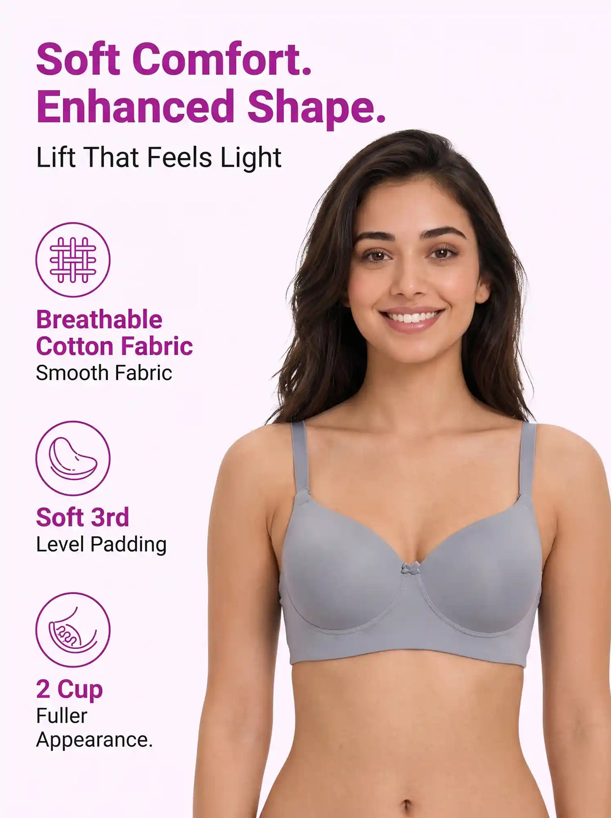 Polyamide Level-3 Padded Push-Up Bonded Bra | 3/4th Coverage | Wire-free Comfort, No Marks, No Rashes (SUS-IS-5301) (Grey)