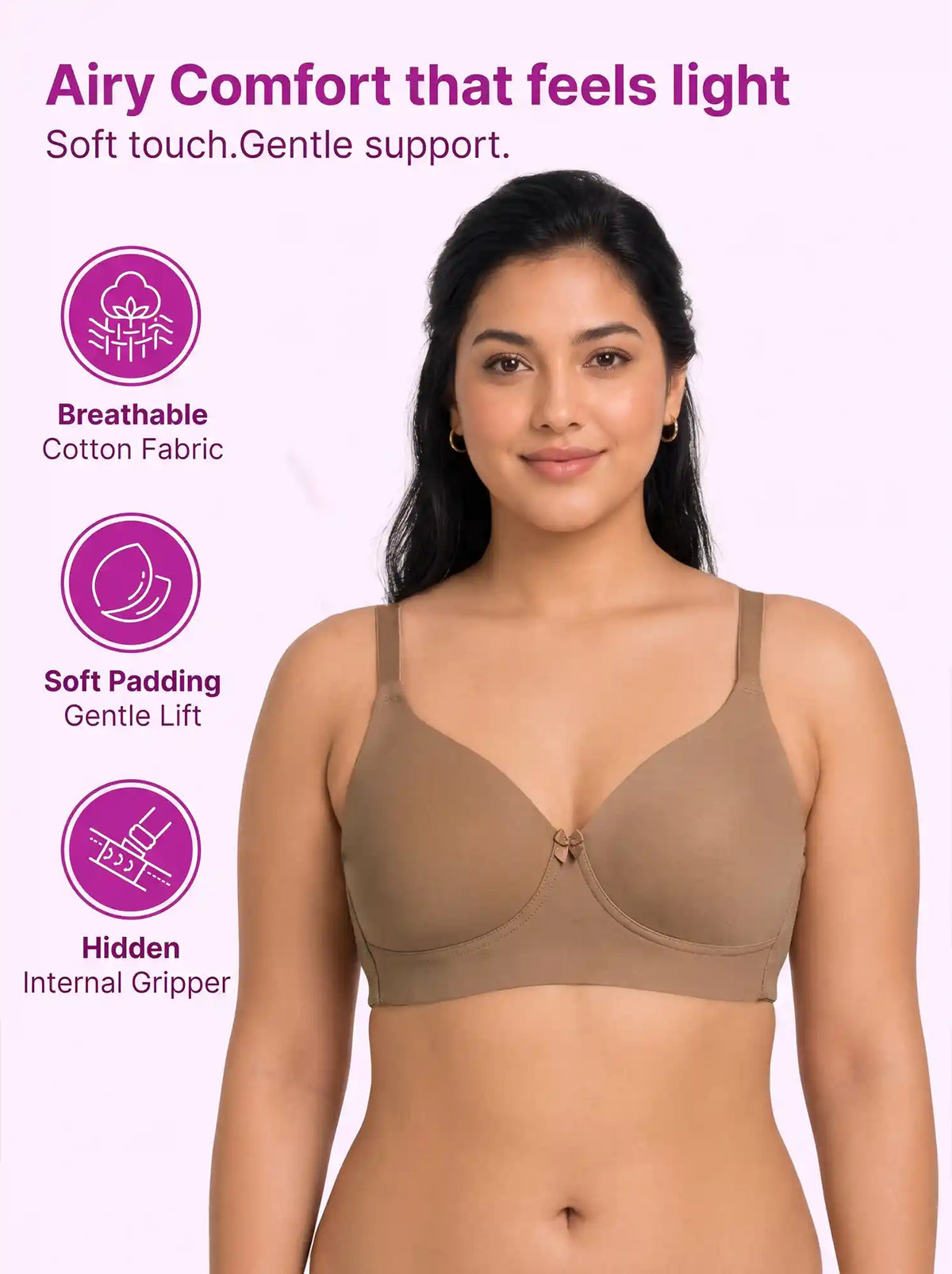 Cotton Padded Plus-Size Bonded Bra | Seamless Look, 360° Support | Full Coverage (SUS-SB-9082)(Fawn)