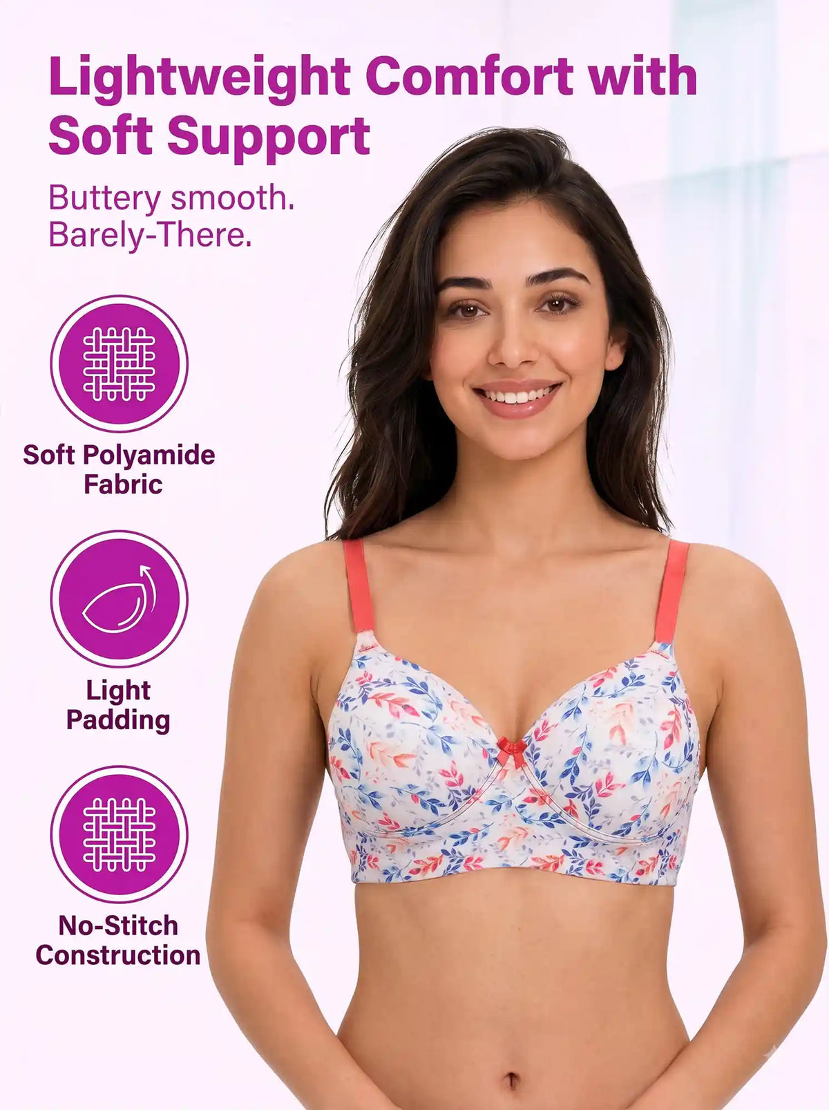 Printed Polyamide Padded Bonded T-Shirt Bra | Full Coverage | Wire-free | Seamless Design (SUS-59925)