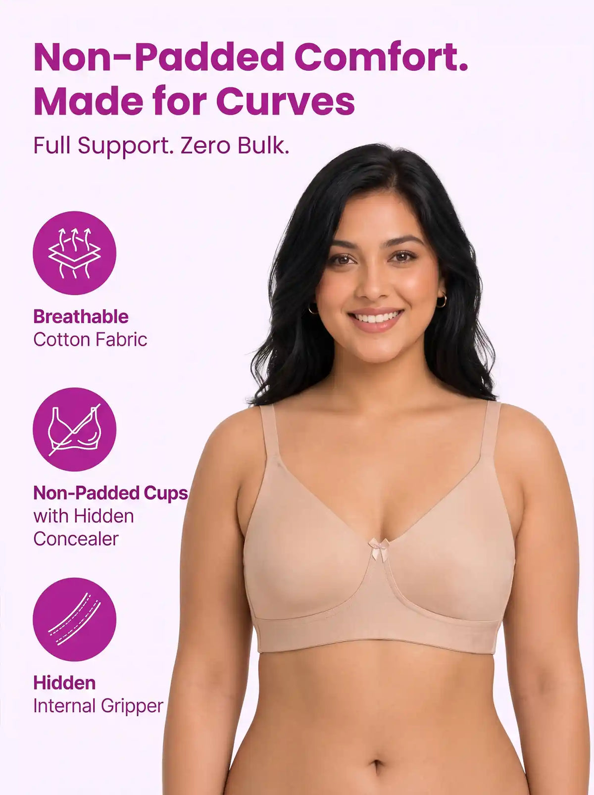 Cotton Non-Padded Plus-Size Full Coverage Bonded Bra | Broad Straps | Hidden Concealer (SUS-401) (Skin)