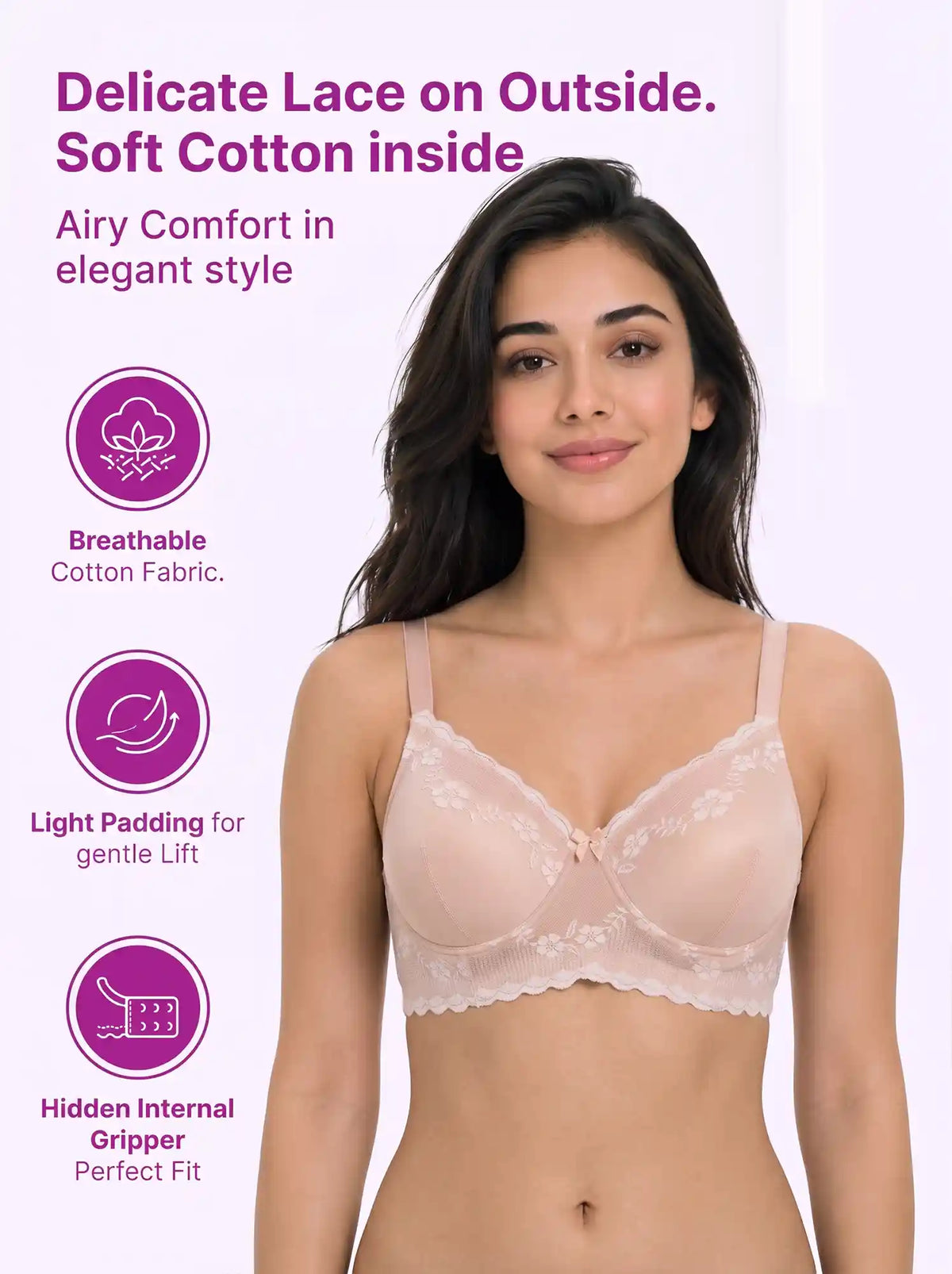 Cotton Padded Bonded Lace Bra | Inner Cotton Lining | Full Coverage | Wire-free Comfort (SUS-SB-5806) (Skin)