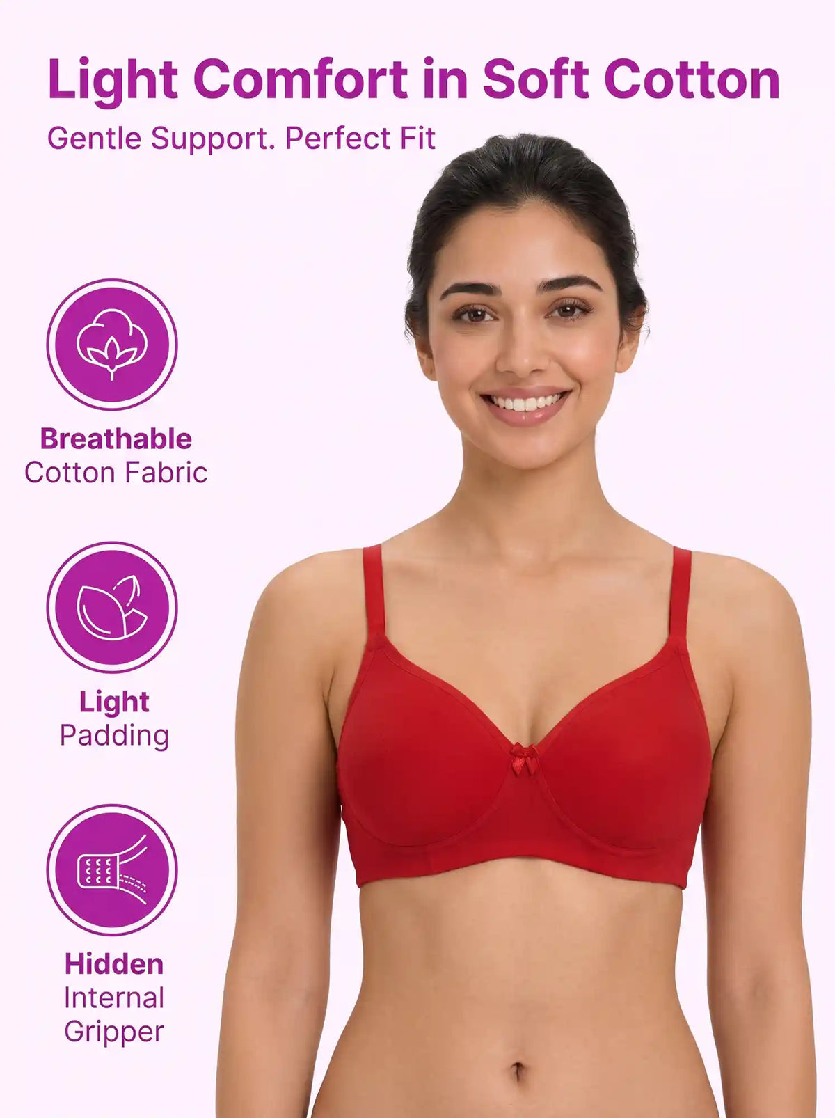 Cotton Padded Full Coverage Bonded T-Shirt Bra | No-Marks, No Rashes (SUS-1013)(Red)