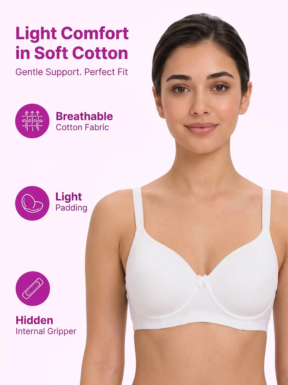 Cotton Padded Full Coverage Bonded T-Shirt Bra | No-Marks, No Rashes (SUS-1013)(White)