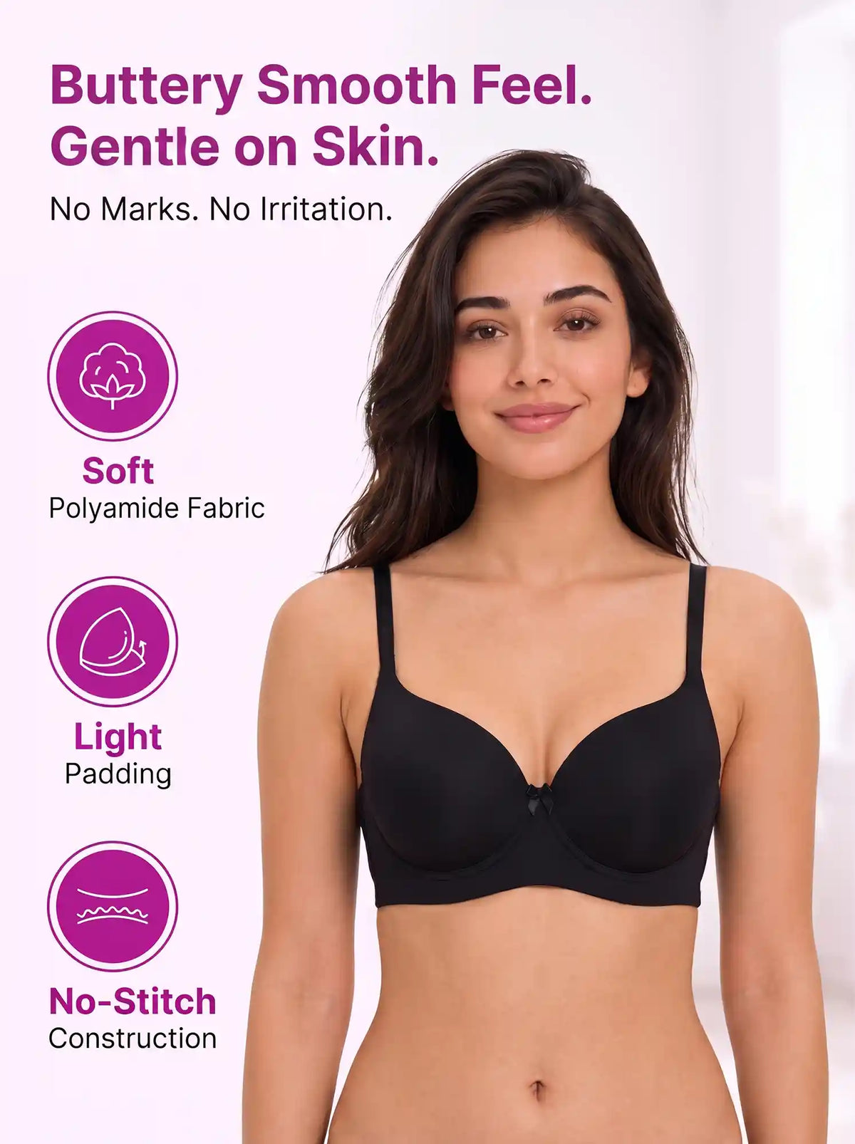 Polyamide Level-1 Padded Full Coverage Bonded T-Shirt Bra | Wire-free Comfort, No-Marks, No Rashes (SUS-5991) (Black)