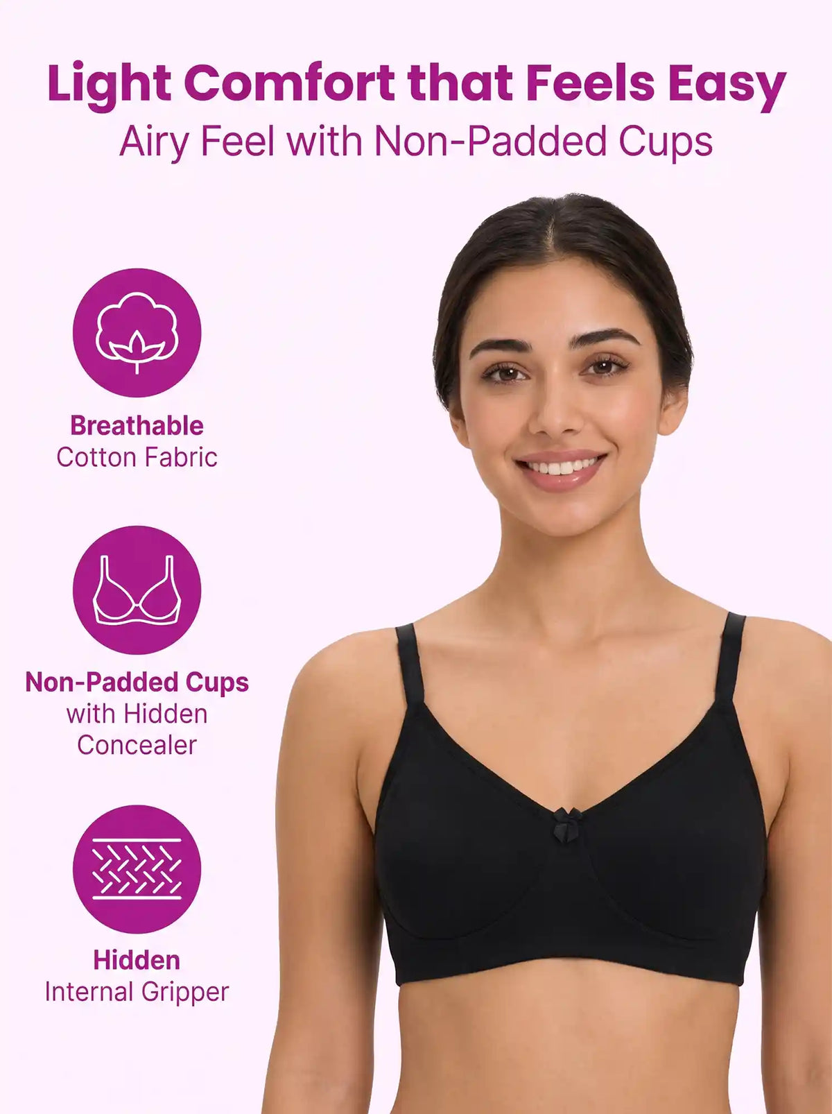 Cotton Non-Padded Full Coverage Bonded T-Shirt Bra | No-Marks, No Rashes (SUS-352) (Black)